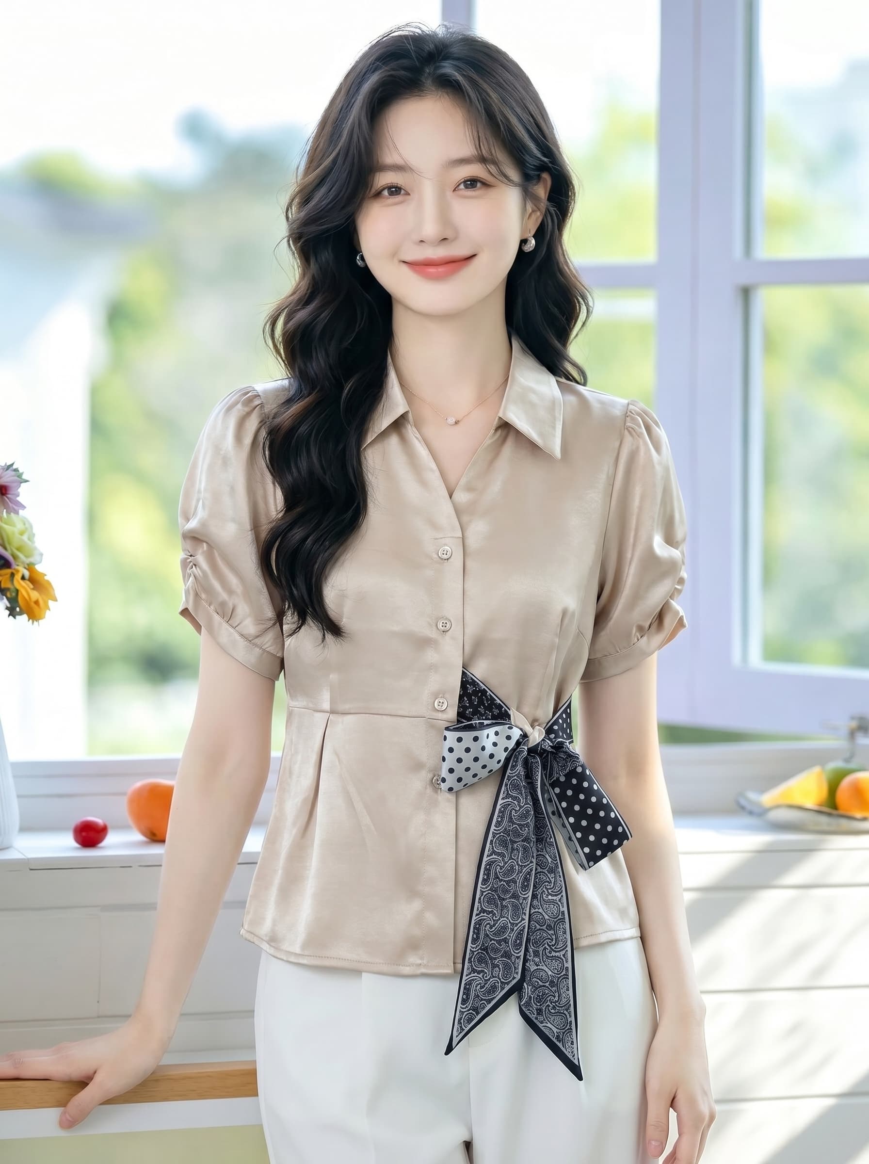 프랑스식 깃발 새틴 여성 셔츠 여름 섹션 폴로 칼라 거품 소매 허리 수축 디자인 센스 캐슈 꽃 나비 넥타이 이미지 2