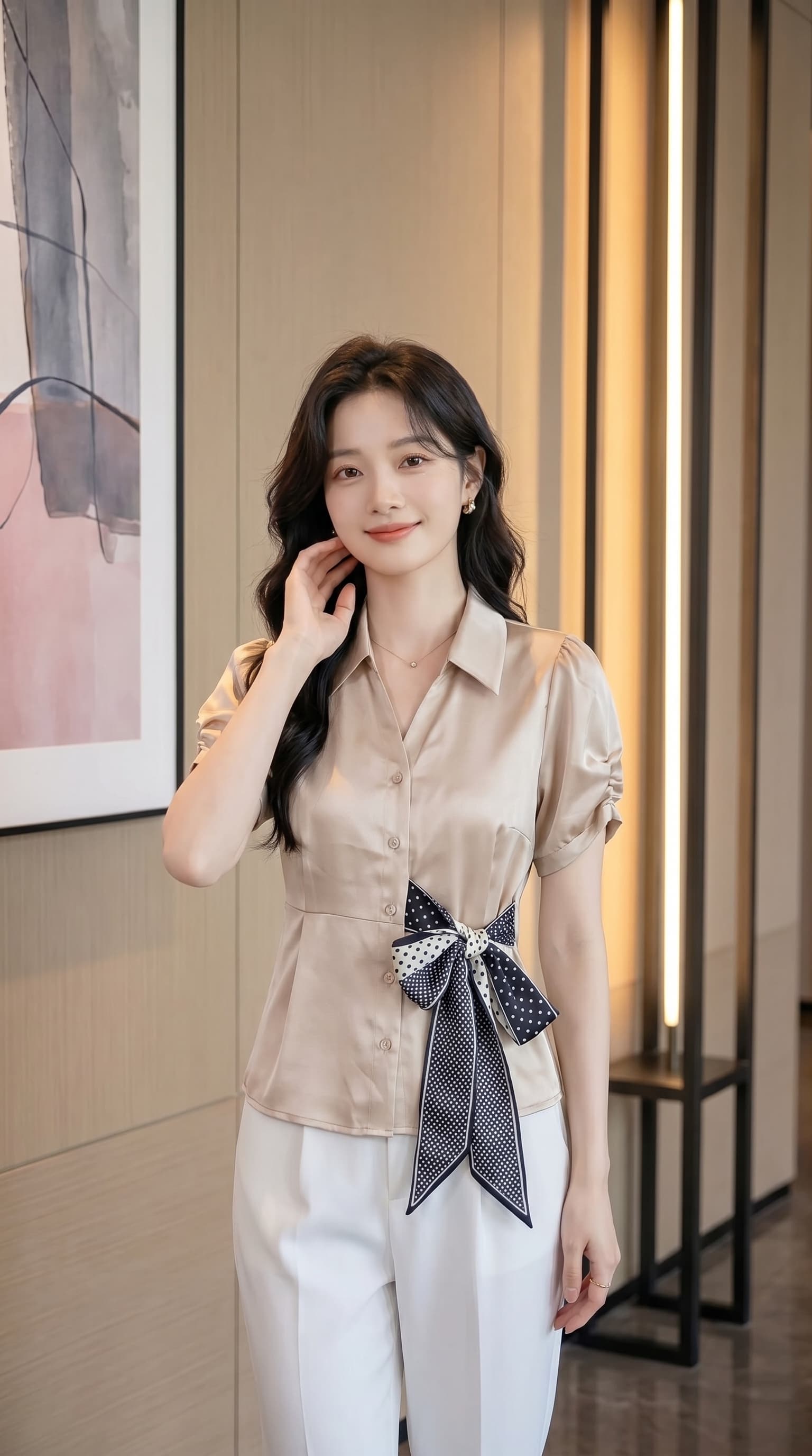 프랑스식 깃발 새틴 여성 셔츠 여름 섹션 폴로 칼라 거품 소매 허리 수축 디자인 센스 캐슈 꽃 나비 넥타이 이미지 4