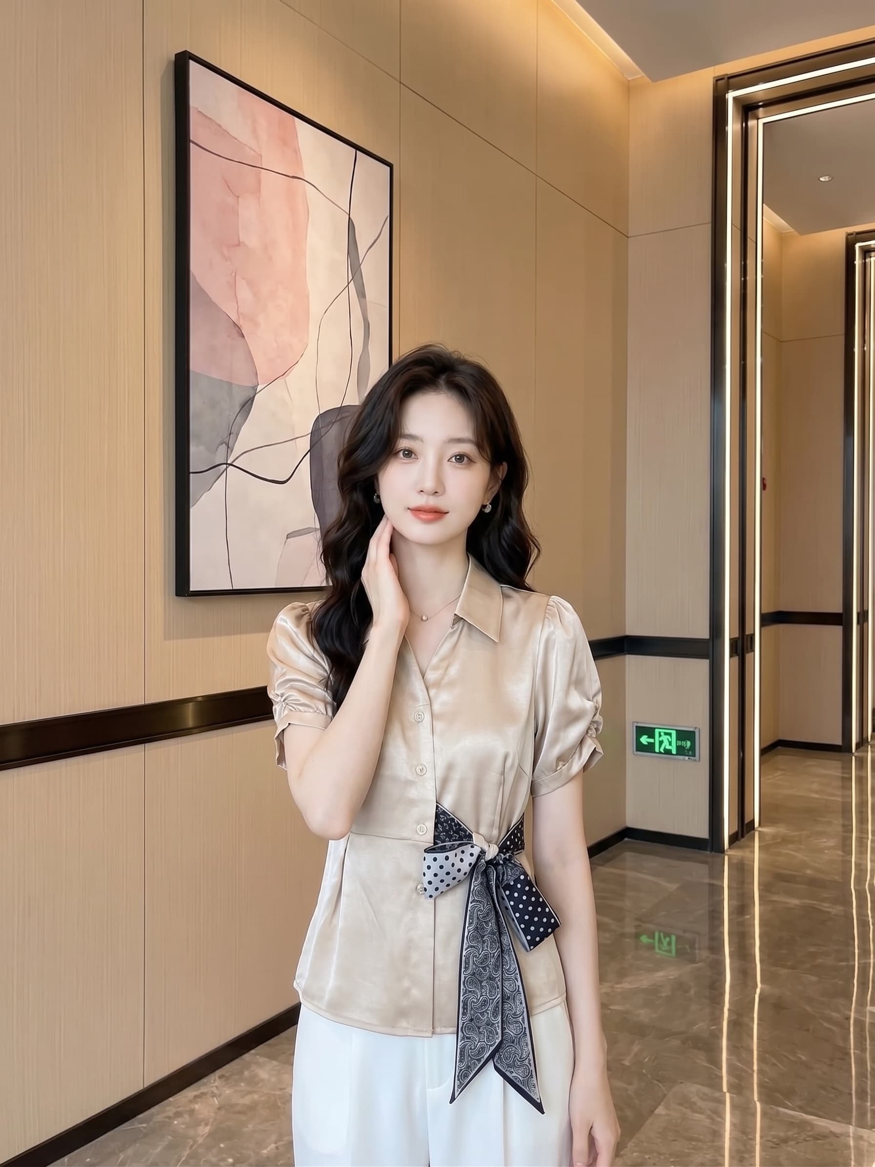 프랑스식 깃발 새틴 여성 셔츠 여름 섹션 폴로 칼라 거품 소매 허리 수축 디자인 센스 캐슈 꽃 나비 넥타이 상세 이미지 2