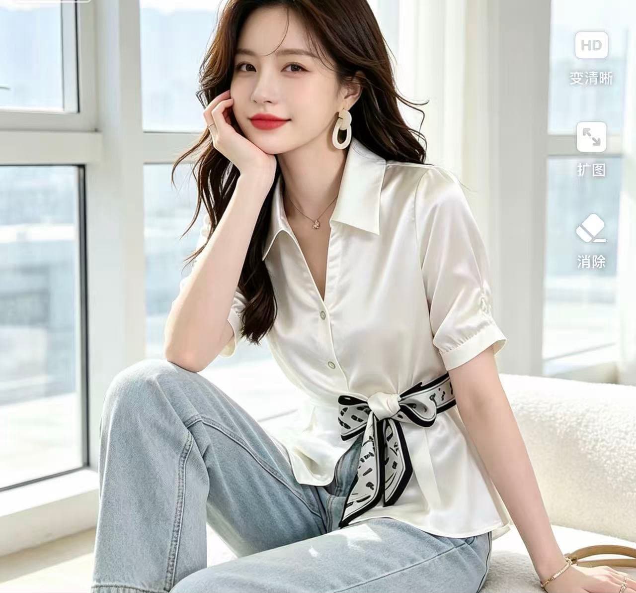 프랑스식 깃발 새틴 여성 셔츠 여름 섹션 폴로 칼라 거품 소매 허리 수축 디자인 센스 캐슈 꽃 나비 넥타이 상세 이미지 5