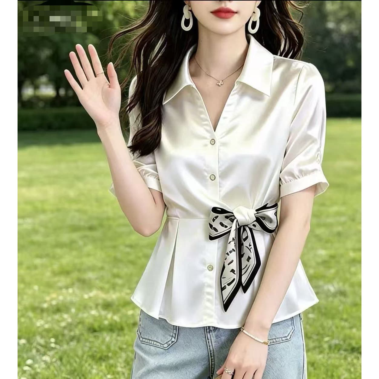 프랑스식 깃발 새틴 여성 셔츠 여름 섹션 폴로 칼라 거품 소매 허리 수축 디자인 센스 캐슈 꽃 나비 넥타이 상세 이미지 6