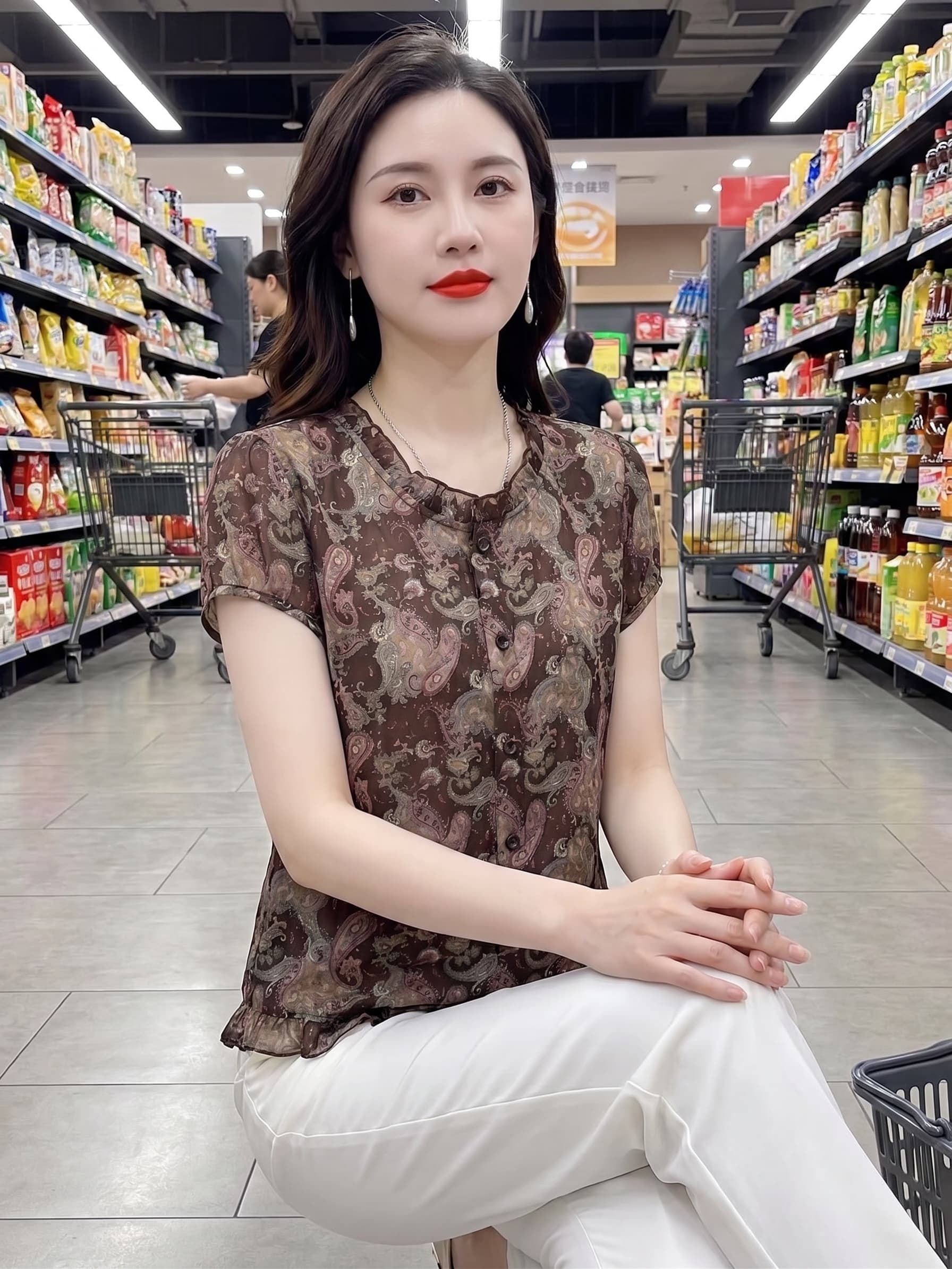 2026 중년 엄마 여름 드레스 레트로 캐슈 꽃 쉬폰 반팔 여성 셔츠 새로운 루즈핏 표지 배 외국 가스 맨위 상세 이미지 7