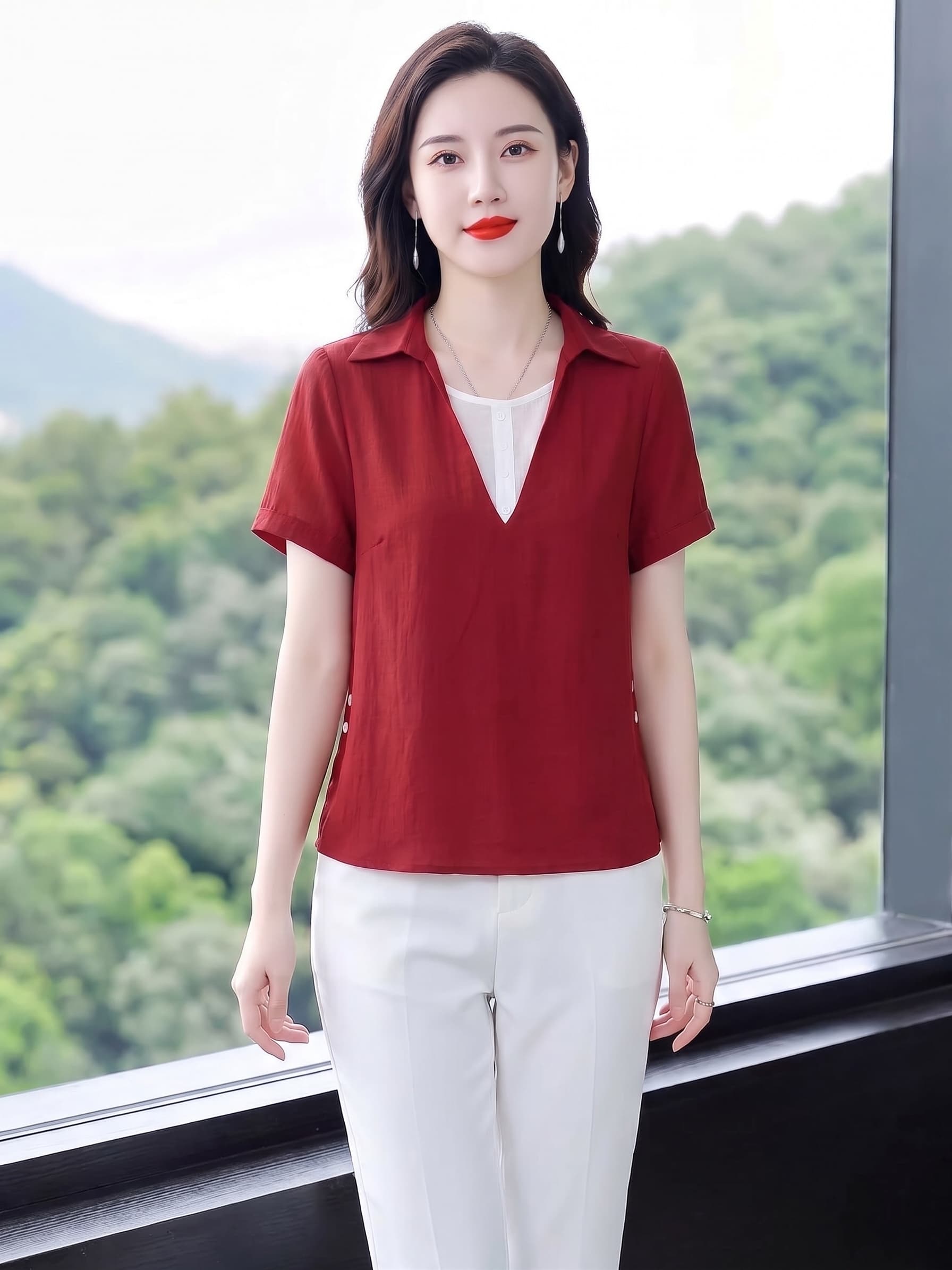 2026 주간 실크 면 린넨 여성 셔츠 여름 새로운 페이크 레이어드 V넥 반팔 중년 엄마 표지 배 슬림해 보이는 상세 이미지 2