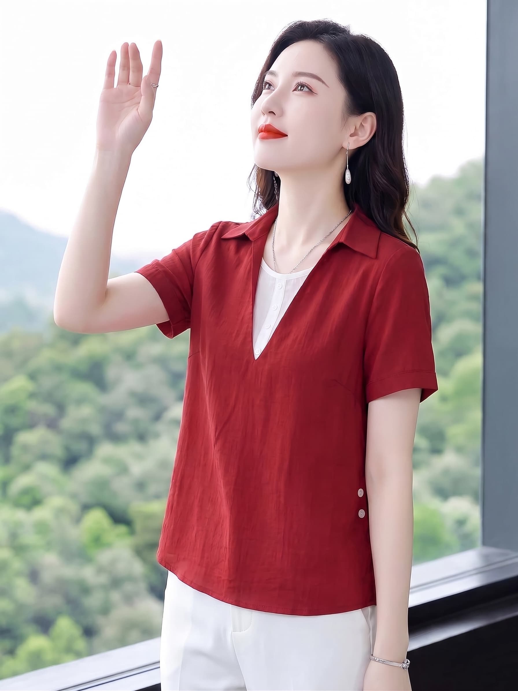 2026 주간 실크 면 린넨 여성 셔츠 여름 새로운 페이크 레이어드 V넥 반팔 중년 엄마 표지 배 슬림해 보이는 상세 이미지 4
