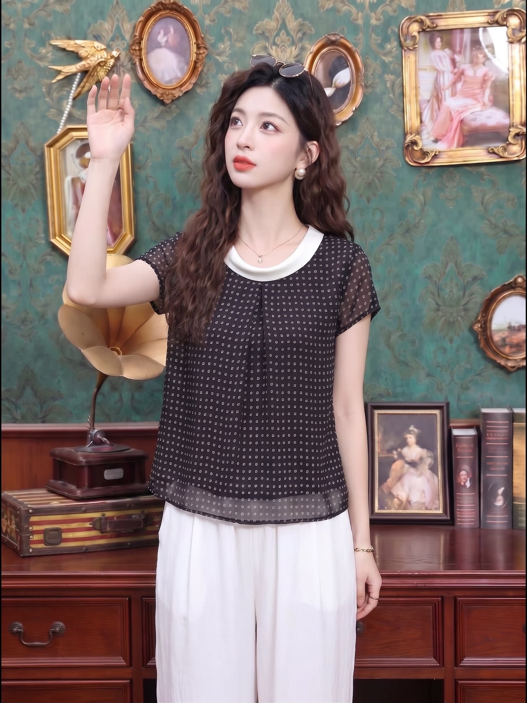 2026 어머니 드레스 루즈핏 표지 배 쉬폰 반팔 얇고 가벼운 통기성 라운드 넥 작은 맨위 상세 이미지 3