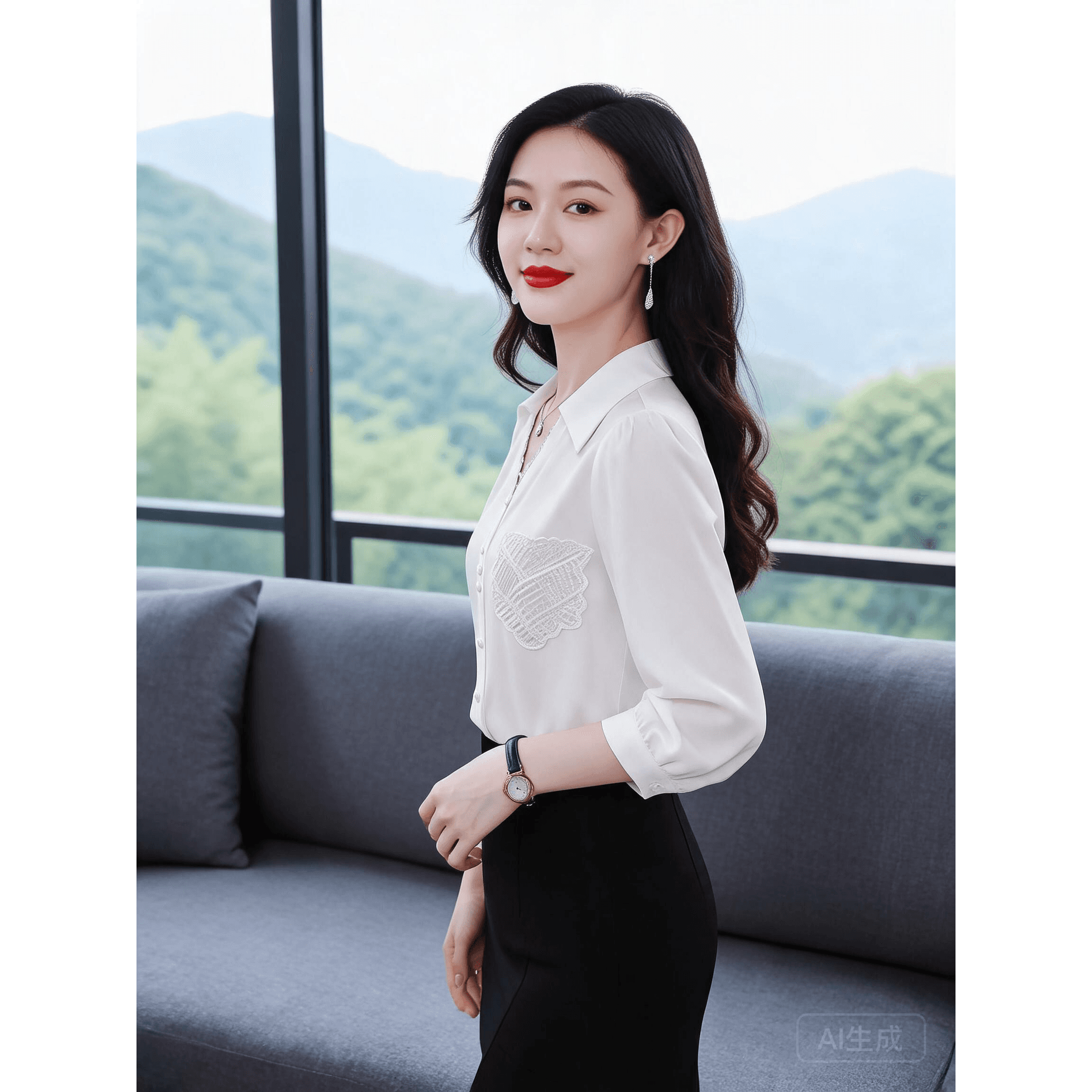 2026 새틴 화이트 여성 셔츠 7부 소매 레이스 V넥 출퇴근 맨위 고급 센스 품격 경력 쉬폰 안감 이미지 6