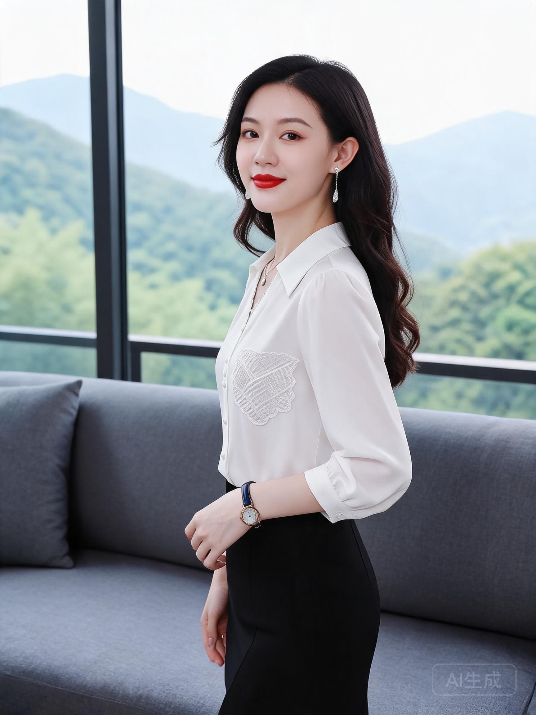 2026 새틴 화이트 여성 셔츠 7부 소매 레이스 V넥 출퇴근 맨위 고급 센스 품격 경력 쉬폰 안감 상세 이미지 5