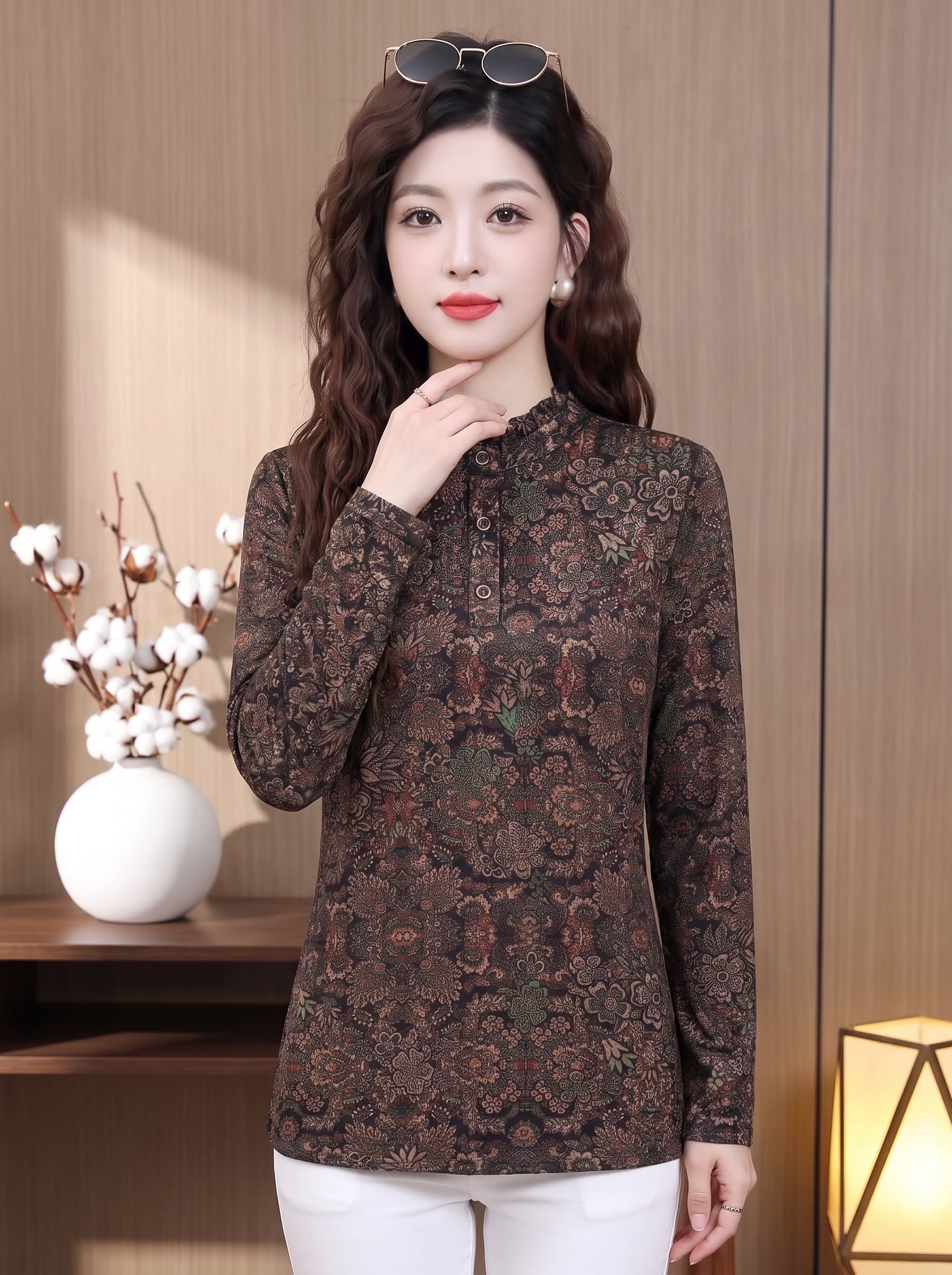 2026 레트로 꽃무늬 스탠드 칼라 셔츠 여성 긴 소매 봄 가을 프릴 외국 가스 슬림해 보이는 중년 엄마 만나는 맨위 이미지 3