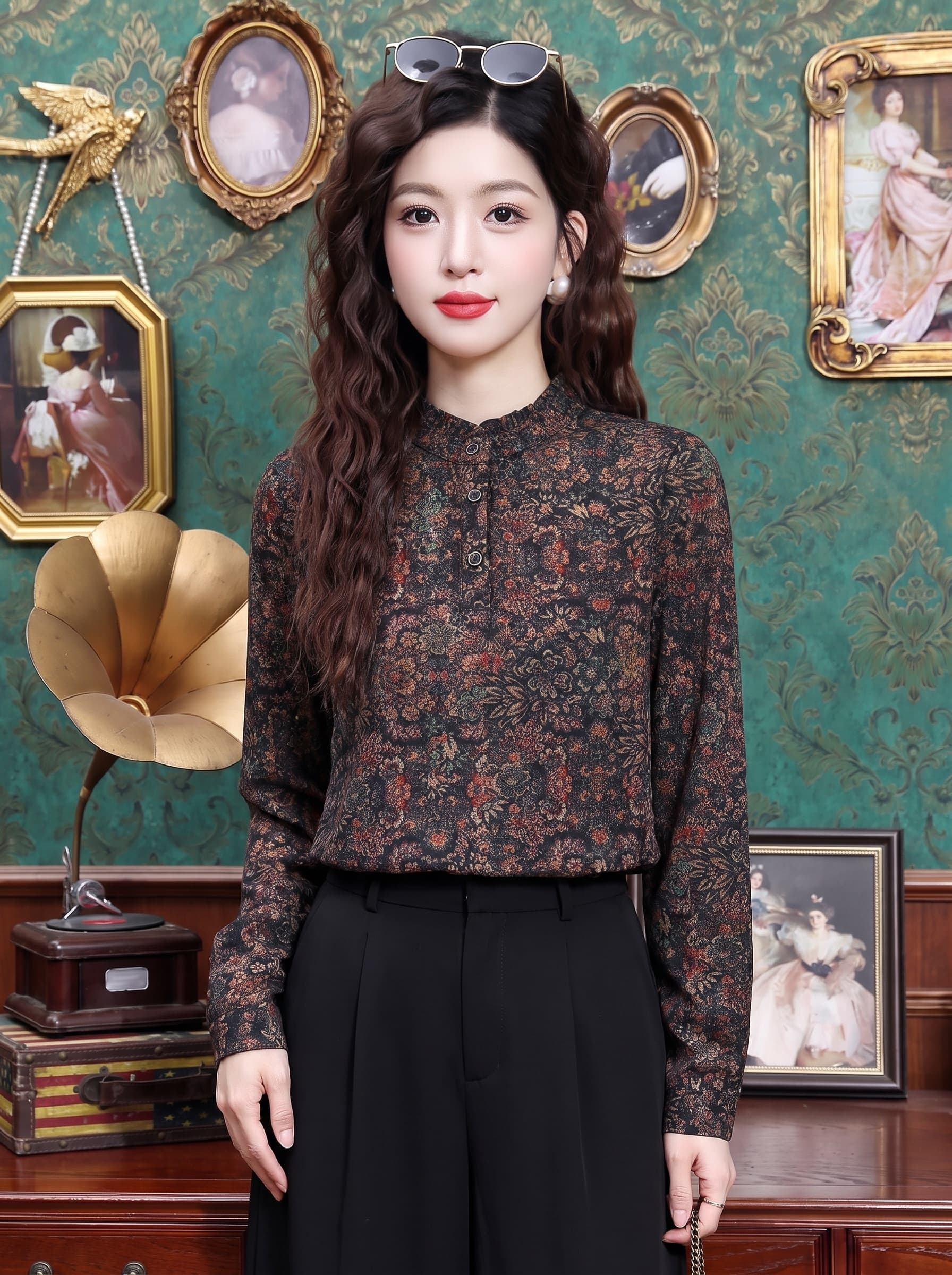 2026 레트로 꽃무늬 스탠드 칼라 셔츠 여성 긴 소매 봄 가을 프릴 외국 가스 슬림해 보이는 중년 엄마 만나는 맨위 상세 이미지 1