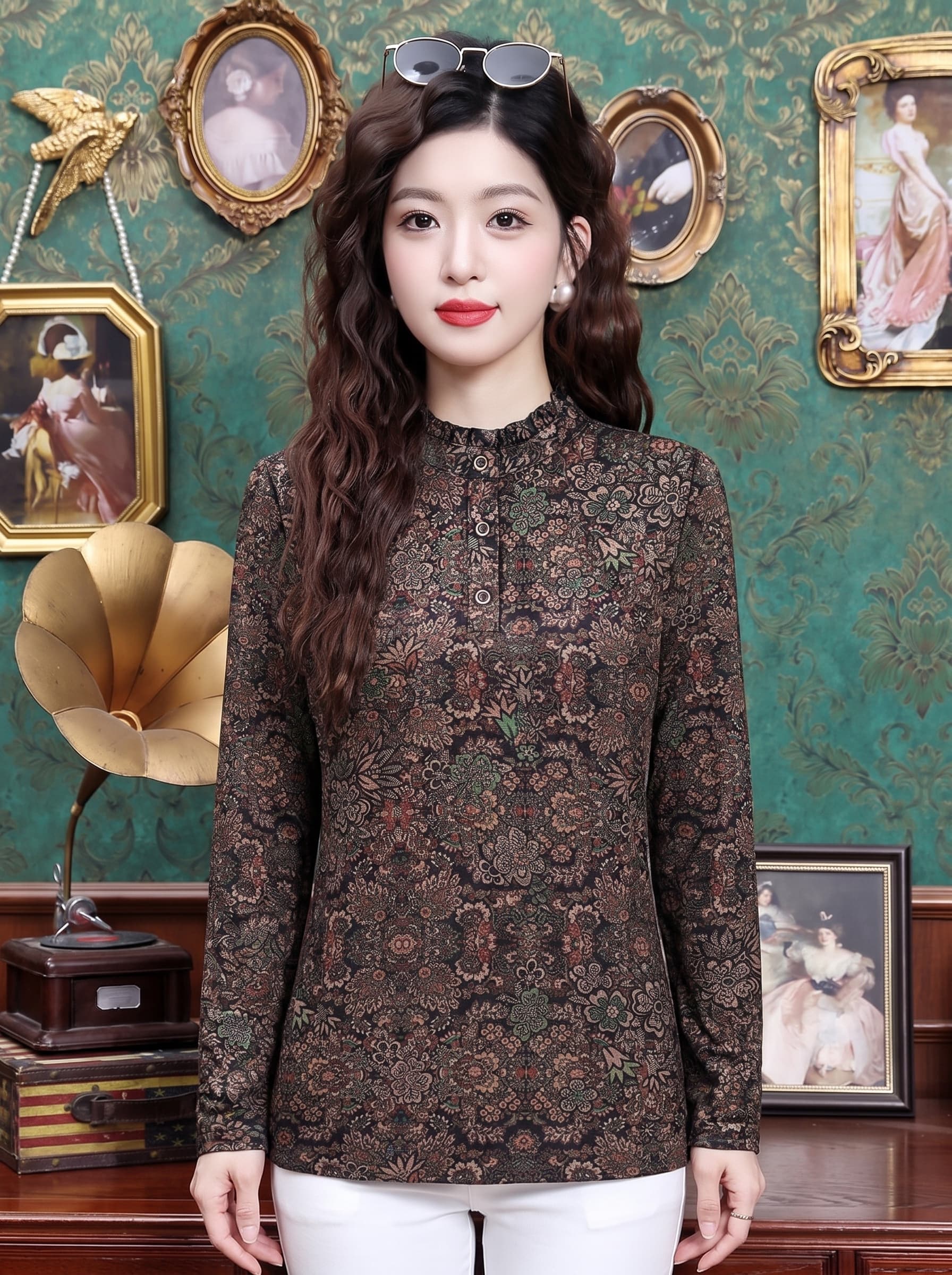 2026 레트로 꽃무늬 스탠드 칼라 셔츠 여성 긴 소매 봄 가을 프릴 외국 가스 슬림해 보이는 중년 엄마 만나는 맨위 상세 이미지 5