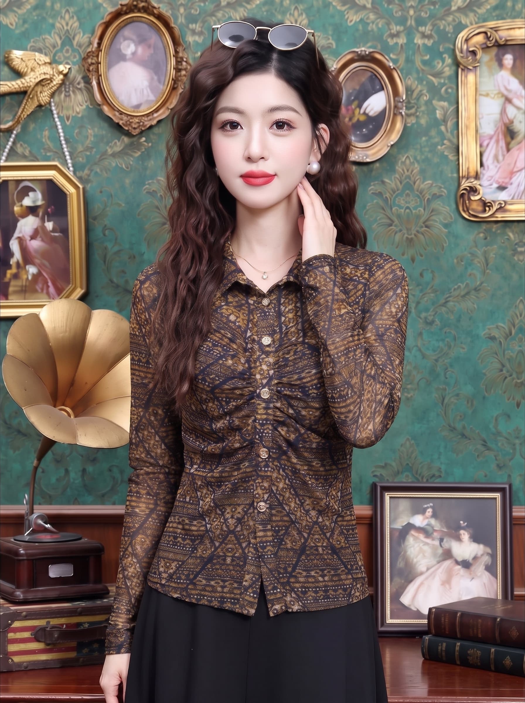 레트로 커피 색상 기하학 프린트 폴로 칼라 망사 여성 셔츠 봄 가을 긴팔 펌프 Pleat 허리 수축 몸매 가꾸기 신축성 품격 명중