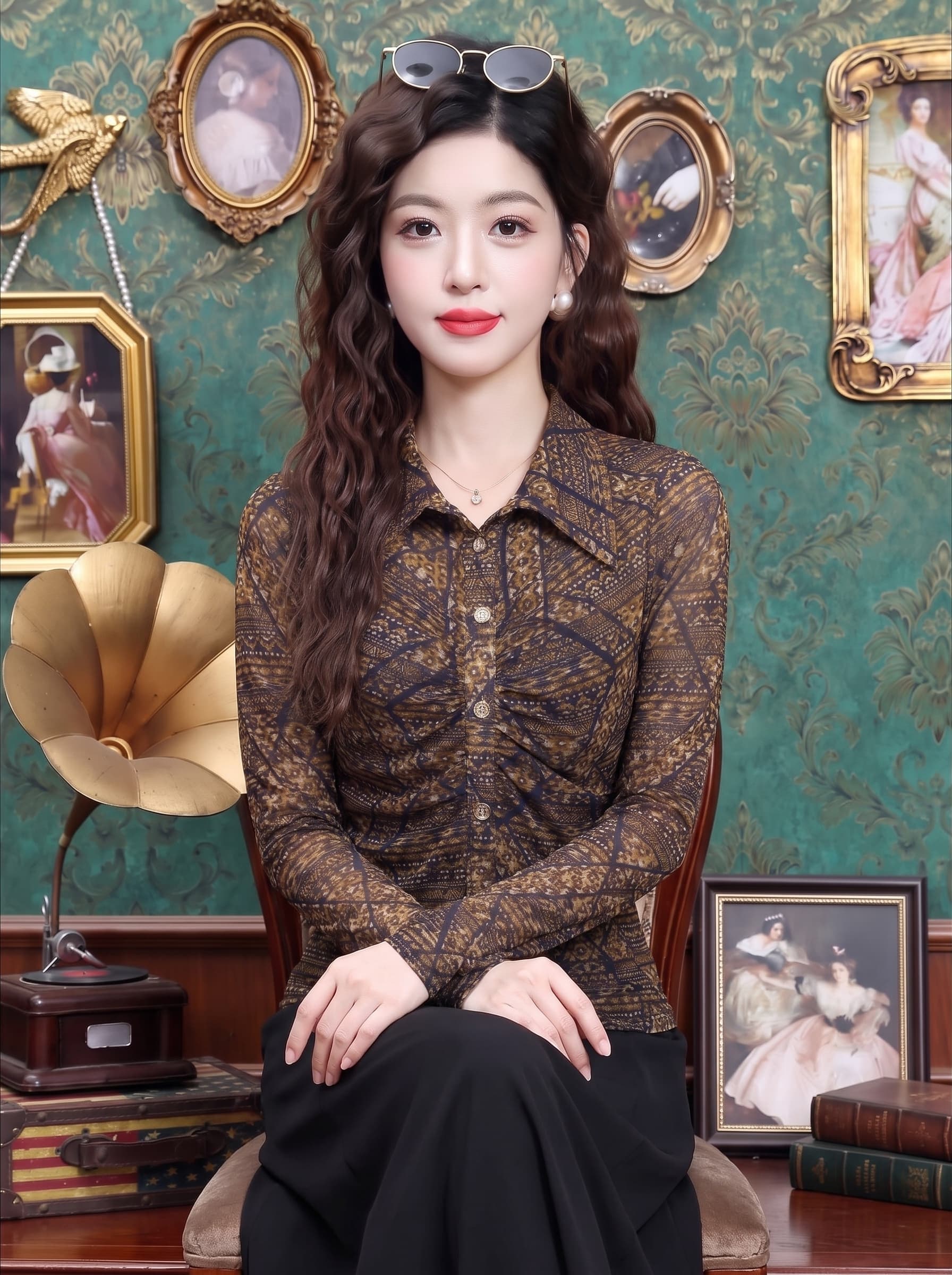 레트로 커피 색상 기하학 프린트 폴로 칼라 망사 여성 셔츠 봄 가을 긴팔 펌프 Pleat 허리 수축 몸매 가꾸기 신축성 품격 명중 이미지 2