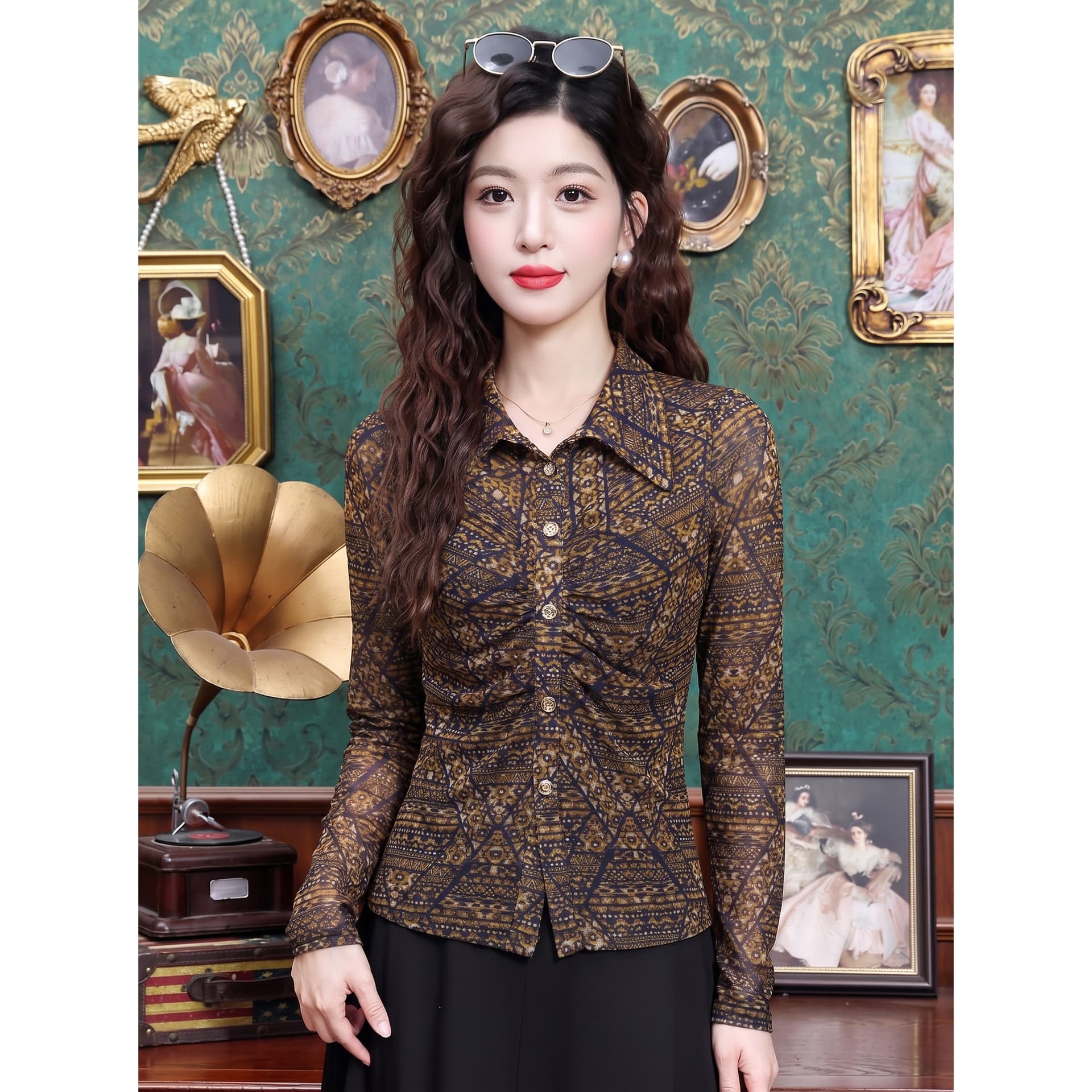 레트로 커피 색상 기하학 프린트 폴로 칼라 망사 여성 셔츠 봄 가을 긴팔 펌프 Pleat 허리 수축 몸매 가꾸기 신축성 품격 명중 이미지 5