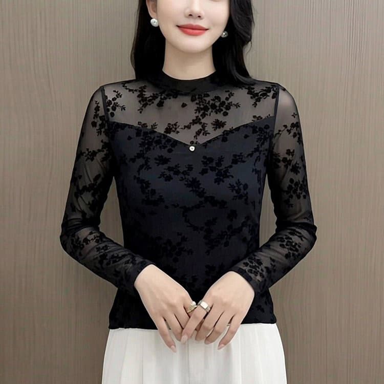 2026 라운드 넥 핫픽스 패치워크 망사 긴팔 티셔츠 여성 봄 가을 식물 플러시 장미 프린트 몸매 가꾸기 만나는 맨위 이미지 3