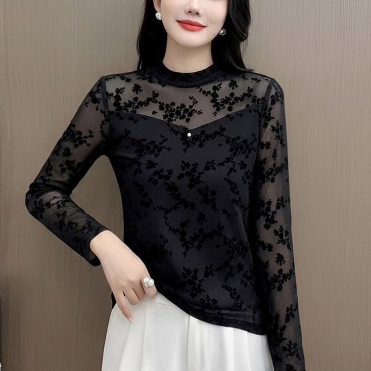 2026 라운드 넥 핫픽스 패치워크 망사 긴팔 티셔츠 여성 봄 가을 식물 플러시 장미 프린트 몸매 가꾸기 만나는 맨위 상세 이미지 4