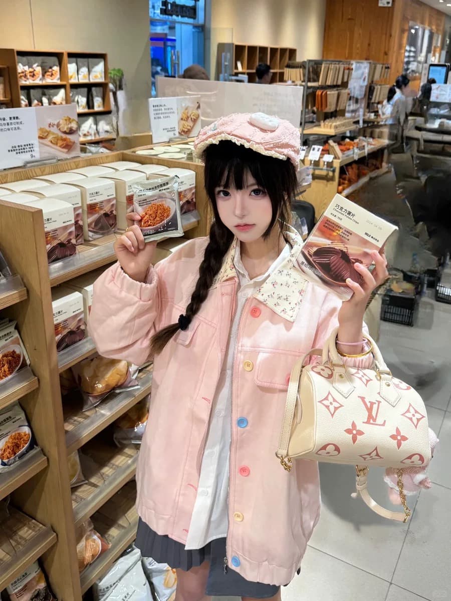 핑크색 작은 꽃무늬 폴로 칼라 데님 여성 코트 디자인 센스 색상 버클 루즈핏 다용도 재킷 맨위 새로운 상세 이미지 7