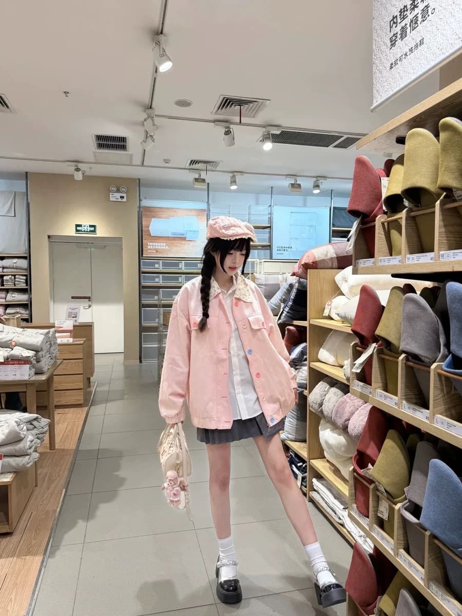 핑크색 작은 꽃무늬 폴로 칼라 데님 여성 코트 디자인 센스 색상 버클 루즈핏 다용도 재킷 맨위 새로운 상세 이미지 8