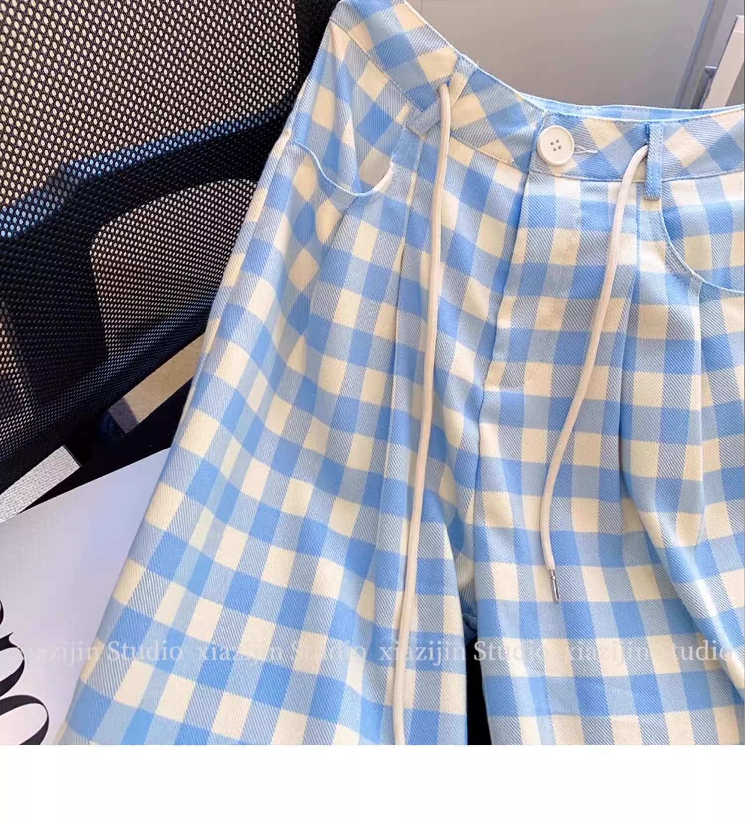 인사이드 테두리 파란색 체크무늬 와이드 레깅스 바지 2025 새로운 여름 루즈핏 슬림해 보이는 캐주얼 바지 상세 이미지 3