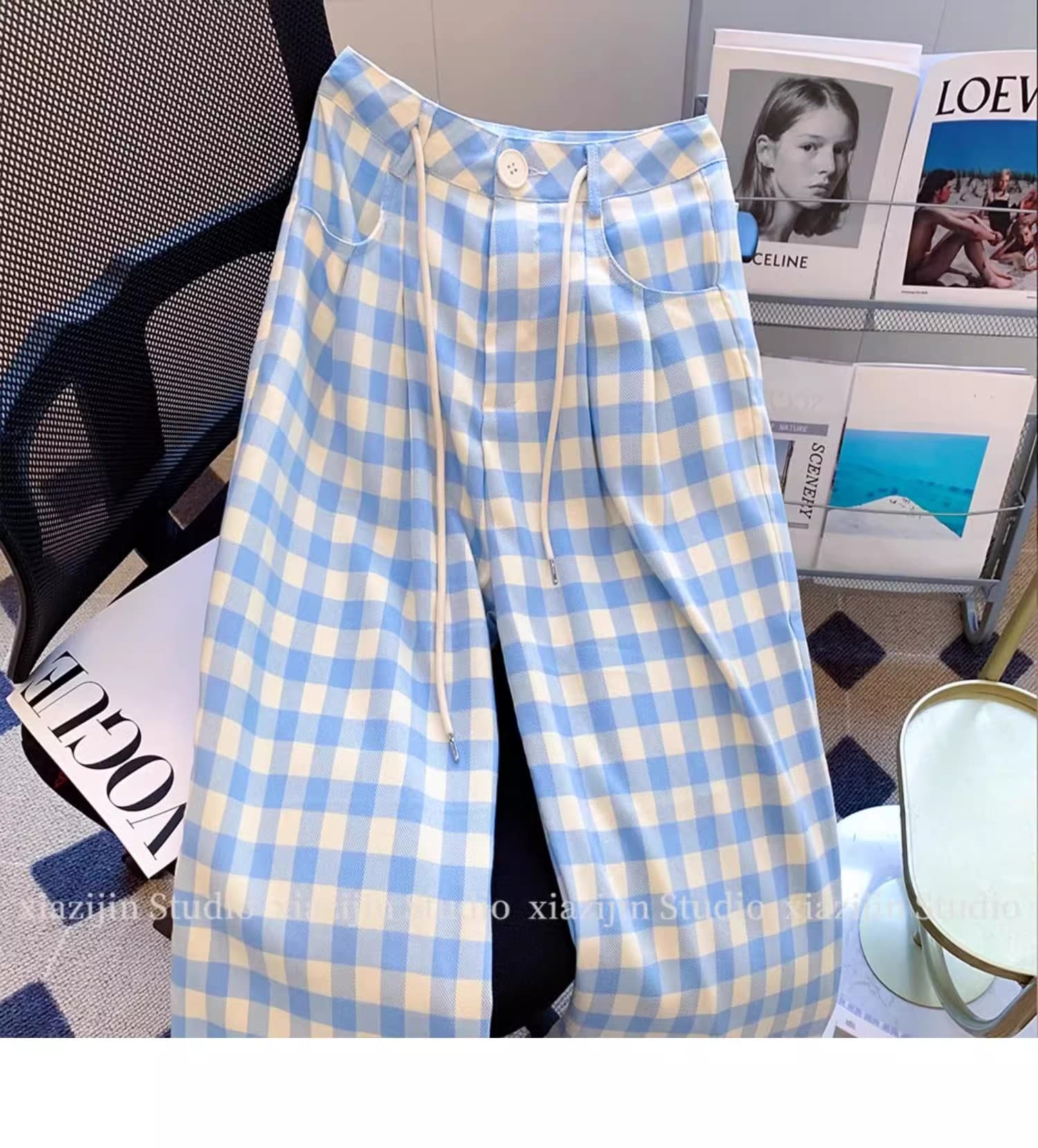 인사이드 테두리 파란색 체크무늬 와이드 레깅스 바지 2025 새로운 여름 루즈핏 슬림해 보이는 캐주얼 바지 상세 이미지 7