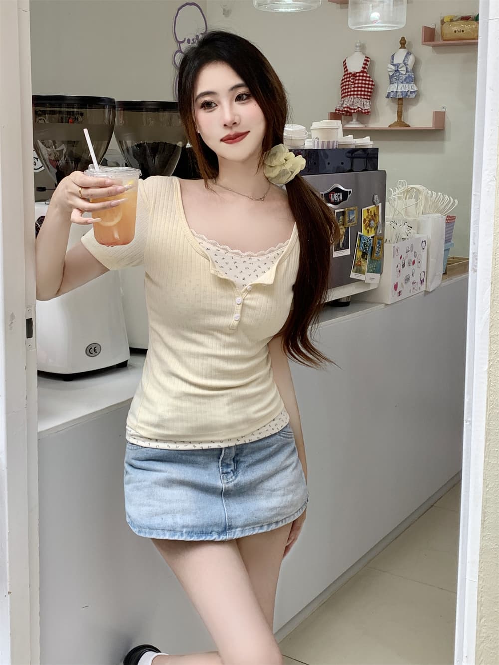 실사 자카드 싸움 40 천 여름 드레스 레이스 꽃무늬 가짜 두 조각 반팔 여성 이미지 4