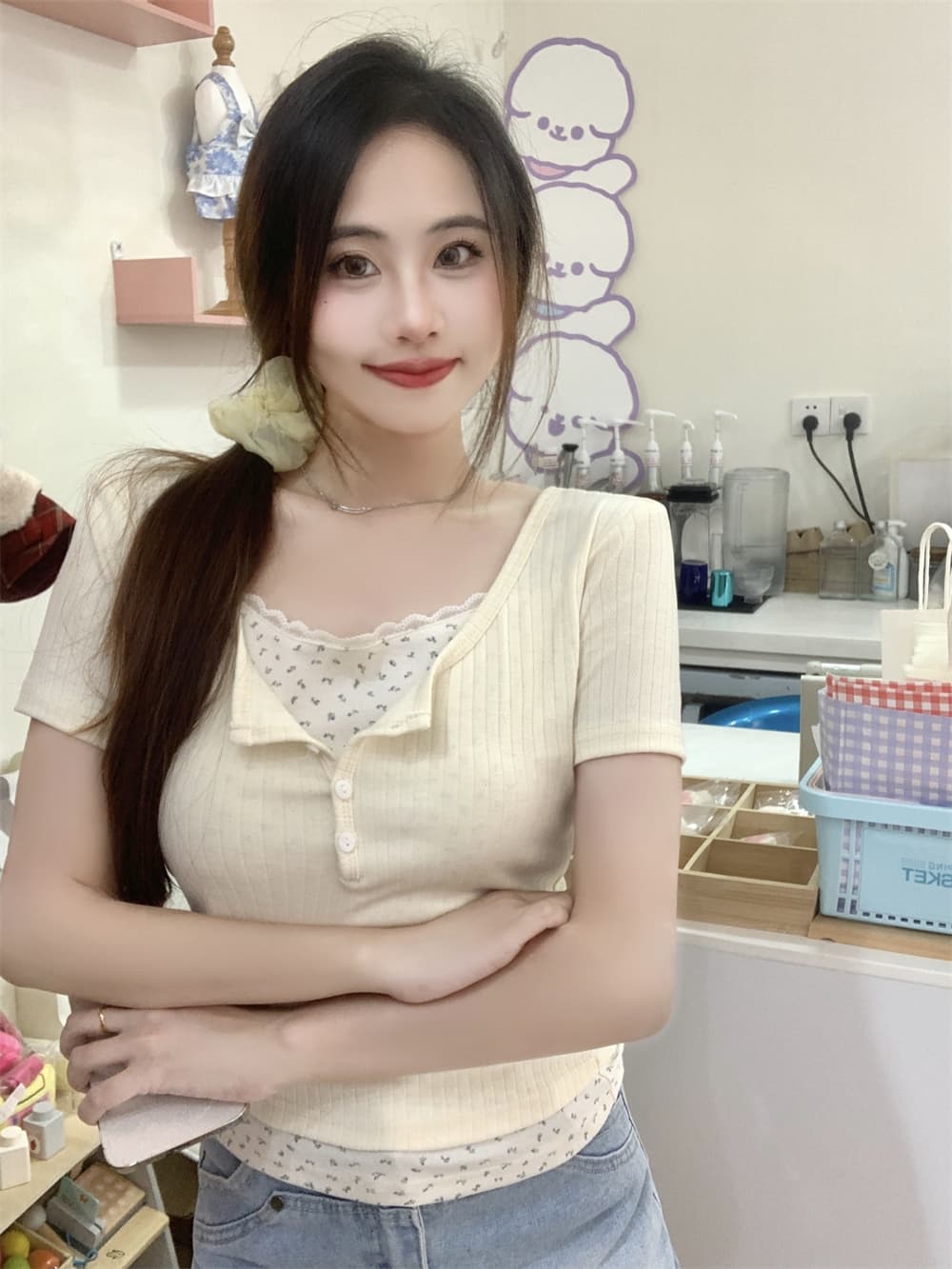 실사 자카드 싸움 40 천 여름 드레스 레이스 꽃무늬 가짜 두 조각 반팔 여성 상세 이미지 9