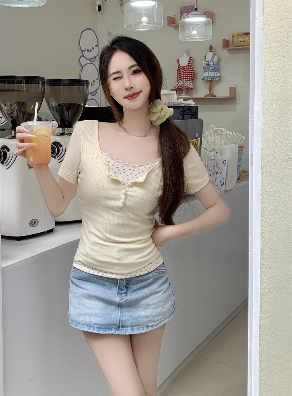 실사 자카드 싸움 40 천 여름 드레스 레이스 꽃무늬 가짜 두 조각 반팔 여성 상세 이미지 13