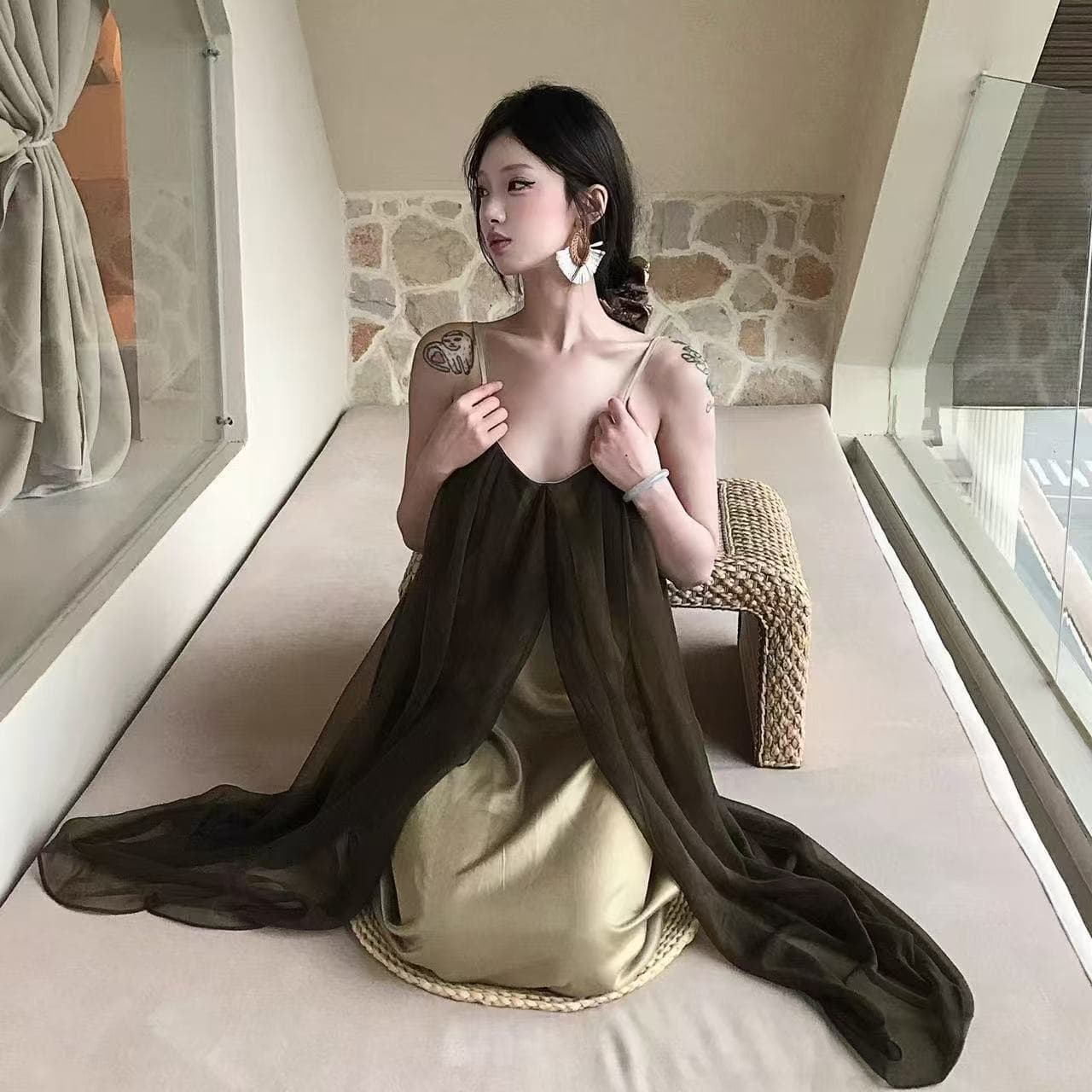 프랑스식 레트로 캐주얼 롱 스커트 루즈핏 고급 센스 품격 차 휴식 치마 여름 고유 한 디자인 센스 슬립 드레스 이미지 3