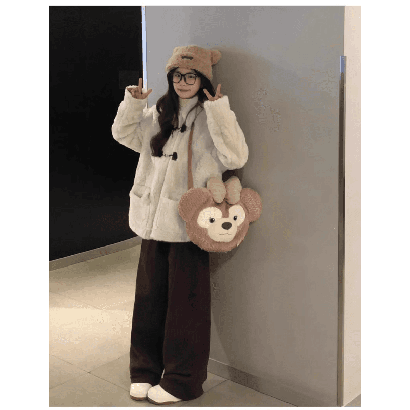 작은 키 양털 여성 코트 한 부서 폴로 칼라 소뿔 버클 두꺼운 피모 하나 귀여운 부드러운 찹쌀 코트 두꺼운 이미지 3