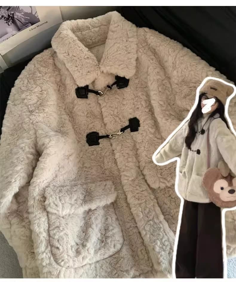 작은 키 양털 여성 코트 한 부서 폴로 칼라 소뿔 버클 두꺼운 피모 하나 귀여운 부드러운 찹쌀 코트 두꺼운 상세 이미지 6