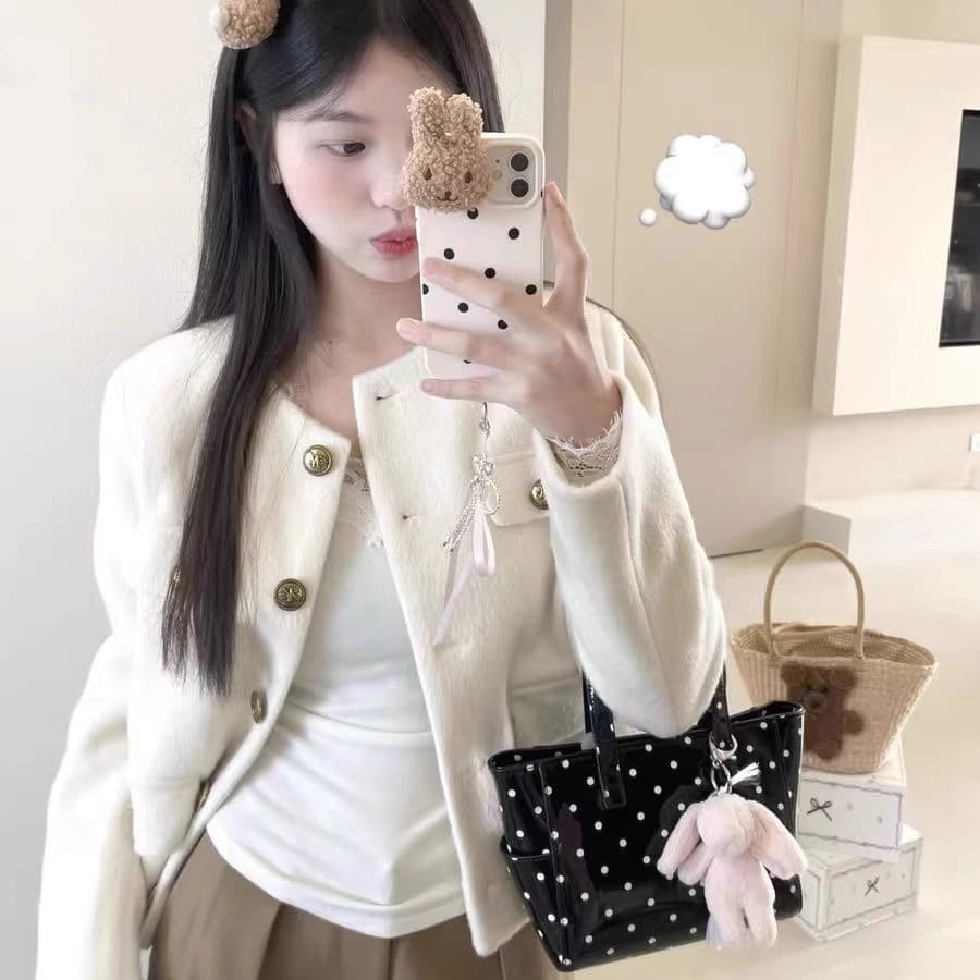 부유 한 가족 천 골드 화이트 작은 샤넬 스타일 모직 외투 2025 가을과 겨울 작은 키 고급 센스 루즈핏 다용도 맨위