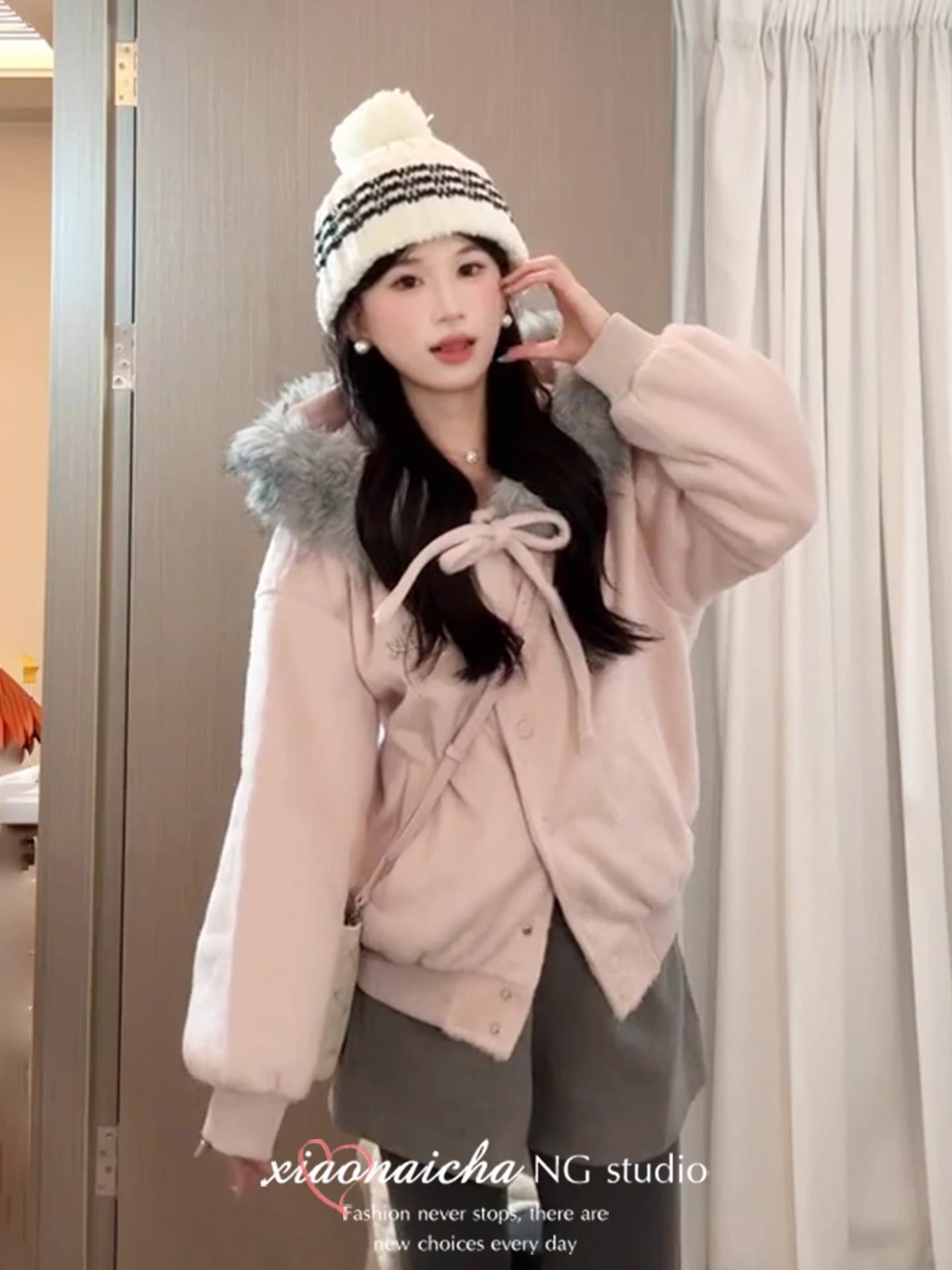 달콤함 품격 핑크색 나비 매듭 후드 모피 칼라 여성 코트 가을 겨울 새로운 한 부서 고급 센스 야구 유니폼 재킷 상세 이미지 1