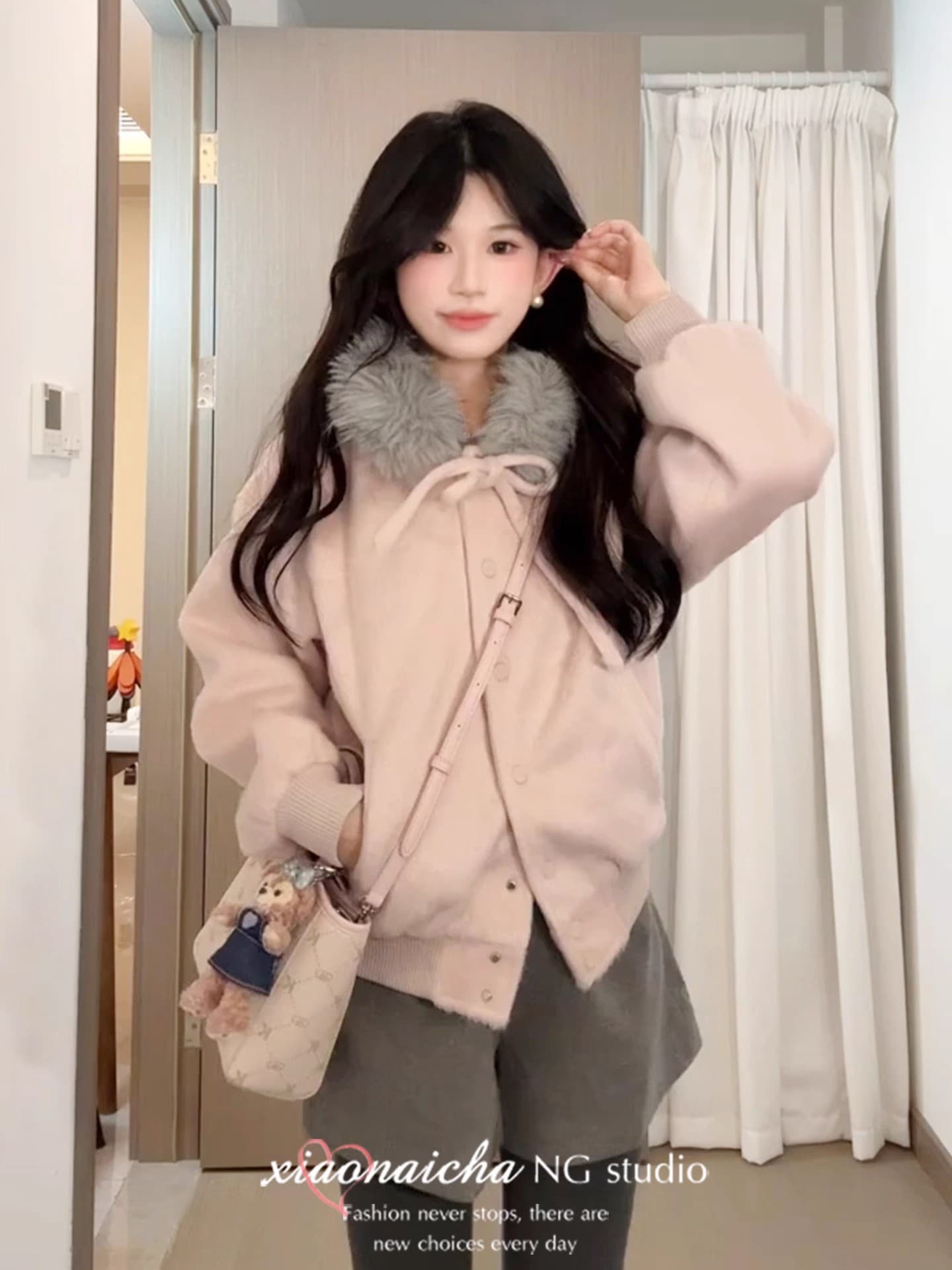 달콤함 품격 핑크색 나비 매듭 후드 모피 칼라 여성 코트 가을 겨울 새로운 한 부서 고급 센스 야구 유니폼 재킷 상세 이미지 2