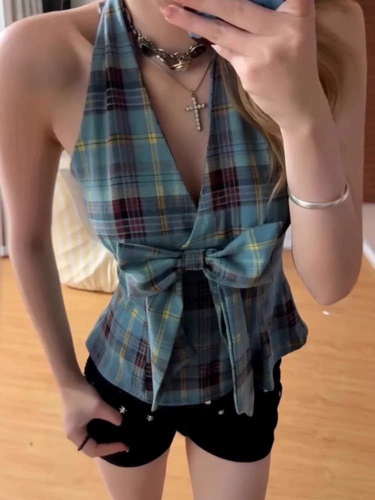 달콤한 매운맛 배색 체크무늬 V넥 캐미솔 여름 복잡한 작은 대중 디자인 센스 나비 매듭 행침 목 쇼트 스타일 맨위 상세 이미지 4