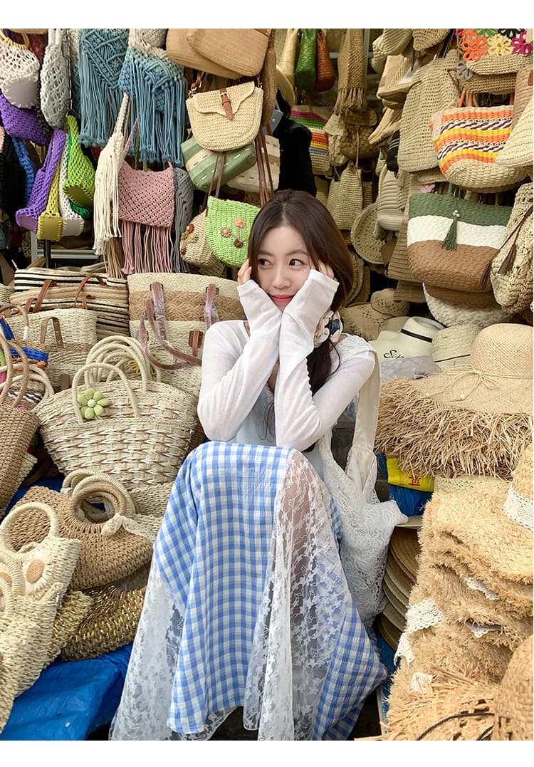 아침 칼라 허리 머리 있음 레이스 특별 버전 레이스 체크무늬 반신 스커트 여성 여름 불규칙 하이웨이스트 A라인 스커트 상세 이미지 5