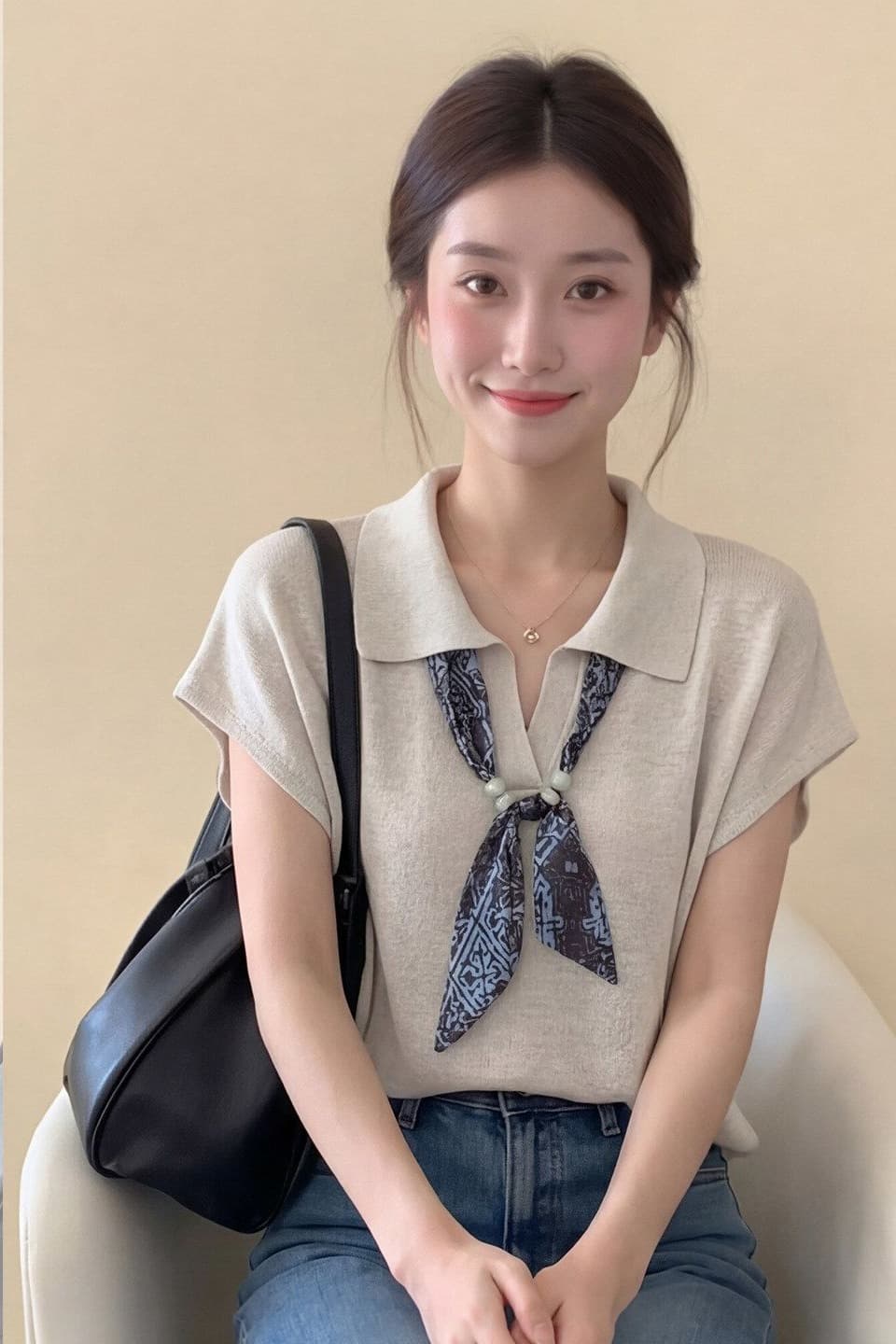 빅 사이즈 캐주얼 POLO 칼라 스카프 니트 반팔 티셔츠 여성 2026 여름 새로운 디자인 센스 작은 대중 다용도 맨위