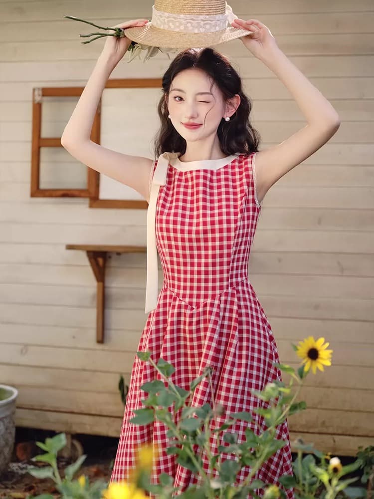 빨간색 체크무늬 민소매 드레스 아이들 여름 2026 새로운 올해 인기 폭발 품격 허리 수축 프랑스식 롱 스커트 상세 이미지 5