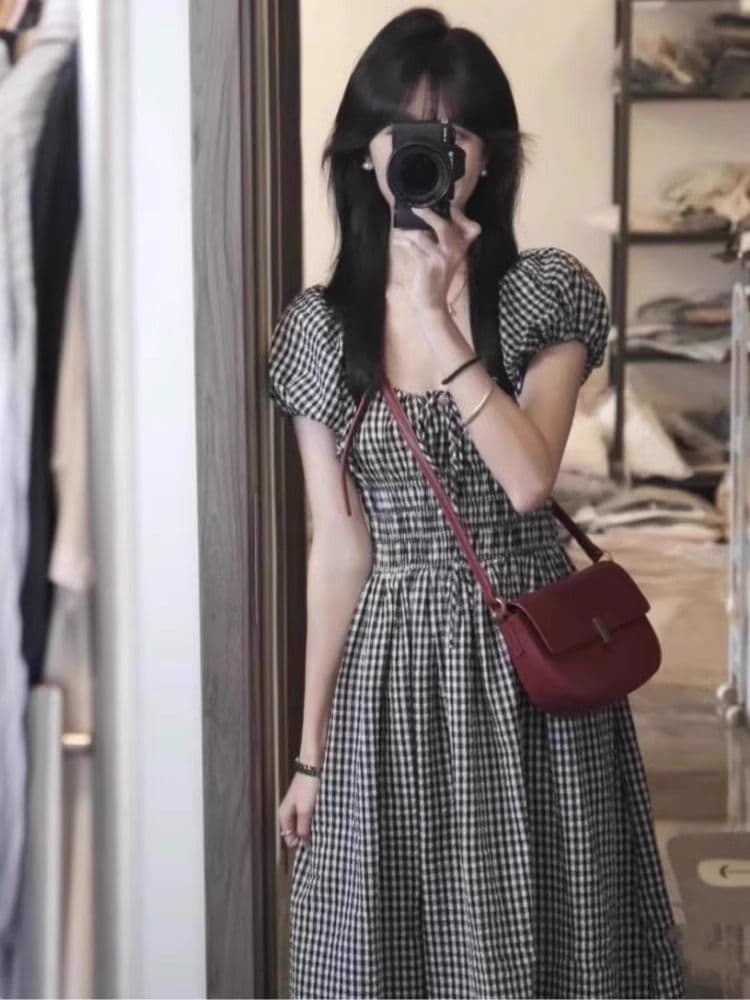 전후 명중 가져 가라. 체크무늬 허리 수축 슬림해 보이는 드레스 여름 휴가 패션 해변가 해변 드레스 상세 이미지 3