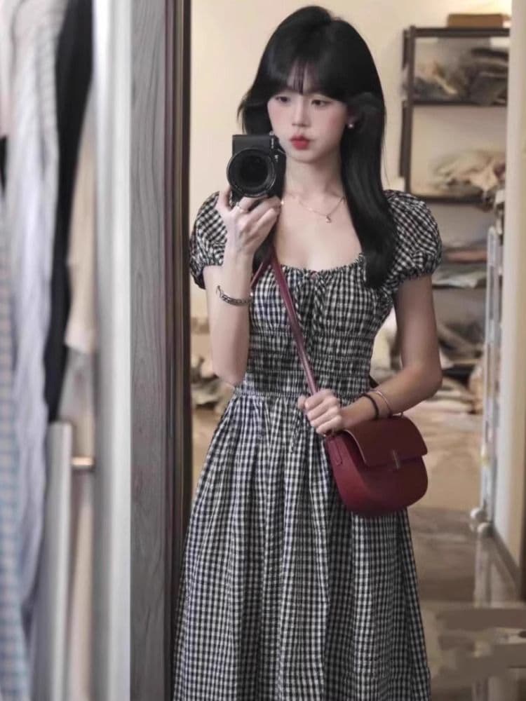 전후 명중 가져 가라. 체크무늬 허리 수축 슬림해 보이는 드레스 여름 휴가 패션 해변가 해변 드레스 상세 이미지 4