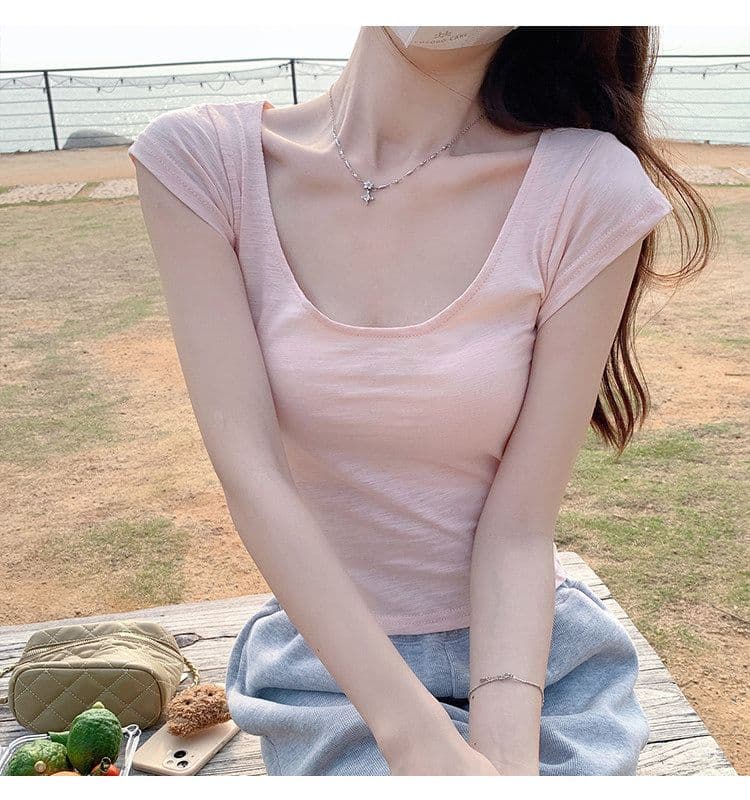 낮음 u 칼라 긍정적 인 어깨 핑크색 반팔 티셔츠 여성 여름 달콤한 매운맛 순수한 욕망 바람 외국 가스 몸매 가꾸기 슬림해 보이는 만나는 작은 셔츠 맨위 상세 이미지 3