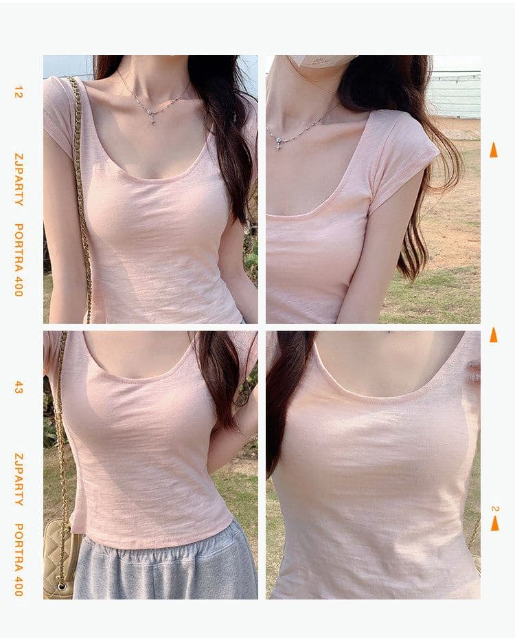 낮음 u 칼라 긍정적 인 어깨 핑크색 반팔 티셔츠 여성 여름 달콤한 매운맛 순수한 욕망 바람 외국 가스 몸매 가꾸기 슬림해 보이는 만나는 작은 셔츠 맨위 상세 이미지 7