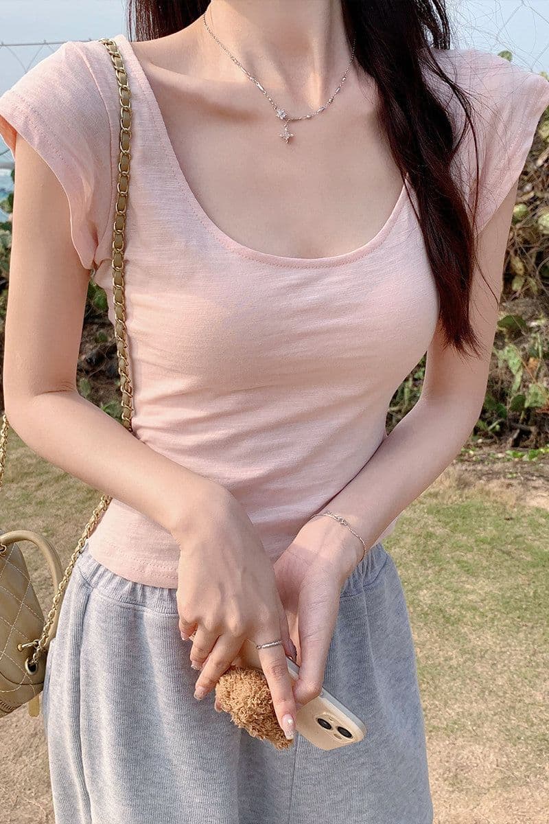 낮음 u 칼라 긍정적 인 어깨 핑크색 반팔 티셔츠 여성 여름 달콤한 매운맛 순수한 욕망 바람 외국 가스 몸매 가꾸기 슬림해 보이는 만나는 작은 셔츠 맨위 상세 이미지 9
