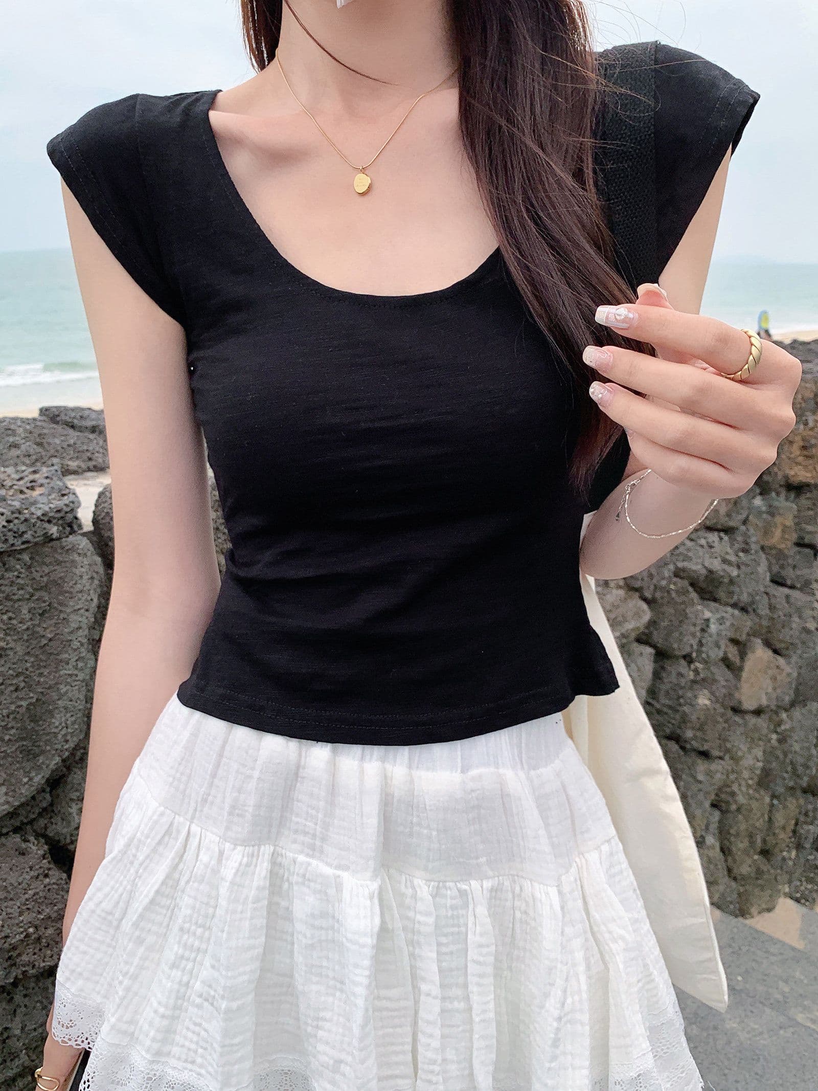 낮음 u 칼라 긍정적 인 어깨 핑크색 반팔 티셔츠 여성 여름 달콤한 매운맛 순수한 욕망 바람 외국 가스 몸매 가꾸기 슬림해 보이는 만나는 작은 셔츠 맨위 상세 이미지 15