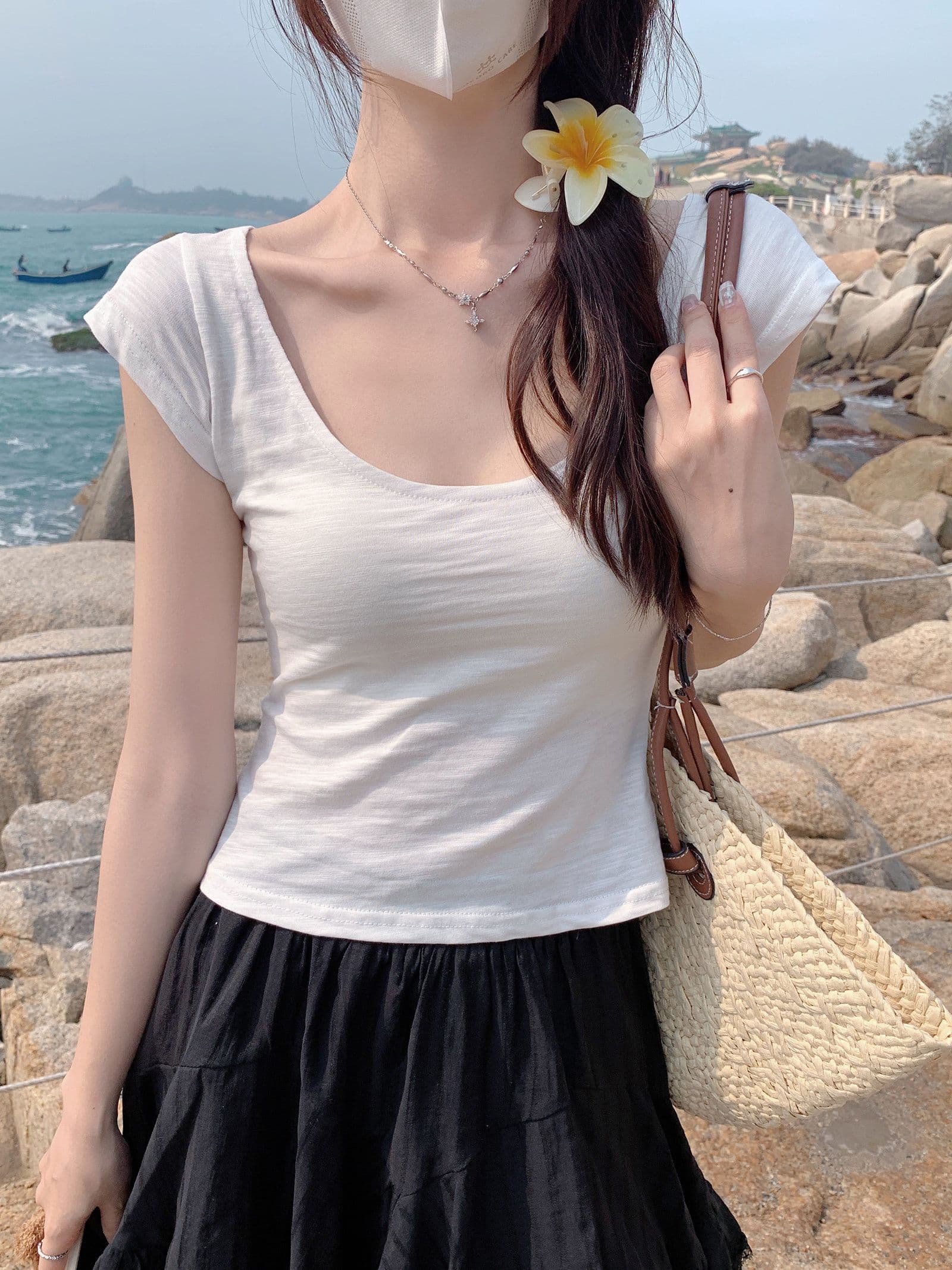 낮음 u 칼라 긍정적 인 어깨 핑크색 반팔 티셔츠 여성 여름 달콤한 매운맛 순수한 욕망 바람 외국 가스 몸매 가꾸기 슬림해 보이는 만나는 작은 셔츠 맨위 상세 이미지 19