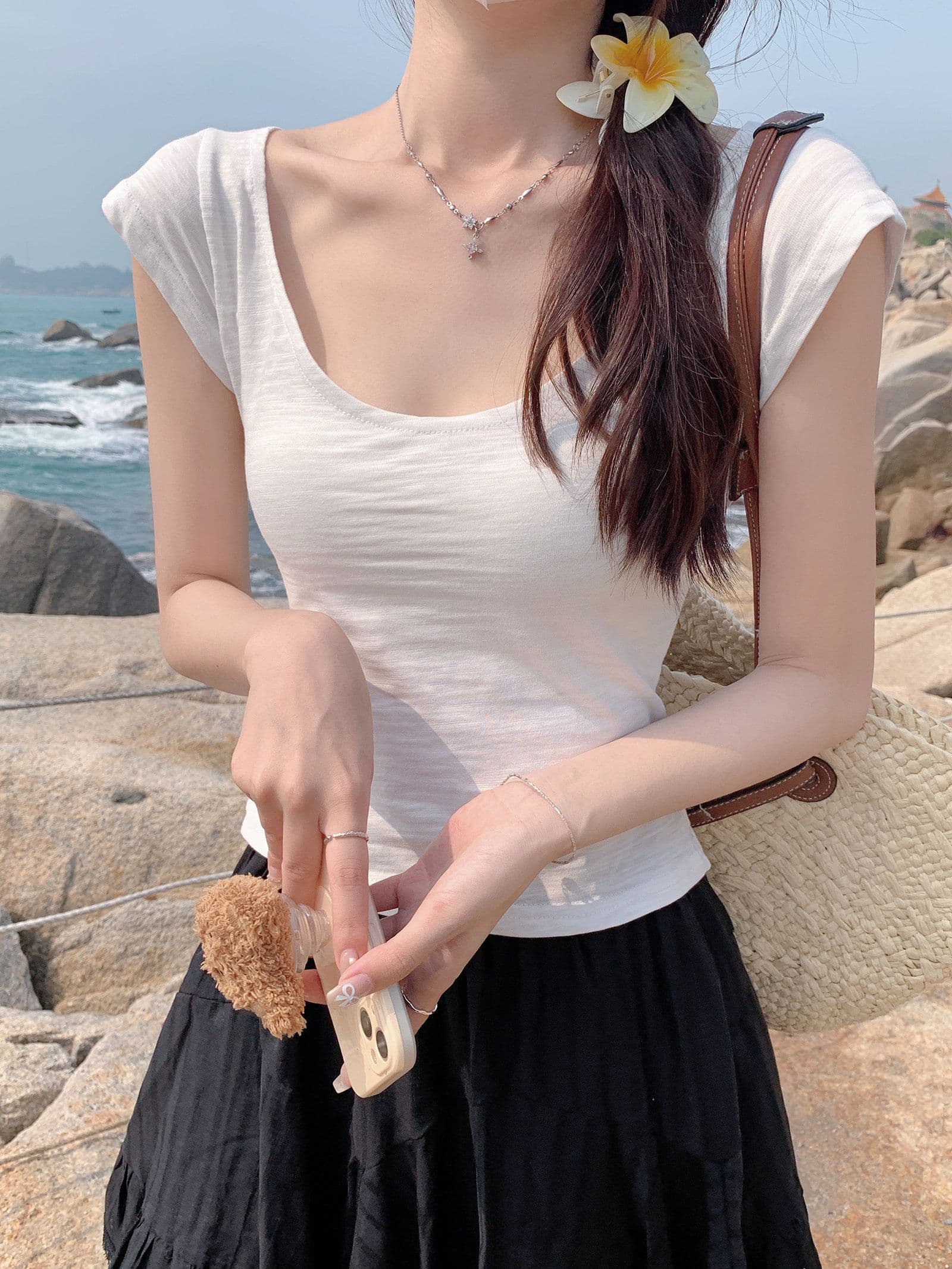 낮음 u 칼라 긍정적 인 어깨 핑크색 반팔 티셔츠 여성 여름 달콤한 매운맛 순수한 욕망 바람 외국 가스 몸매 가꾸기 슬림해 보이는 만나는 작은 셔츠 맨위 상세 이미지 20