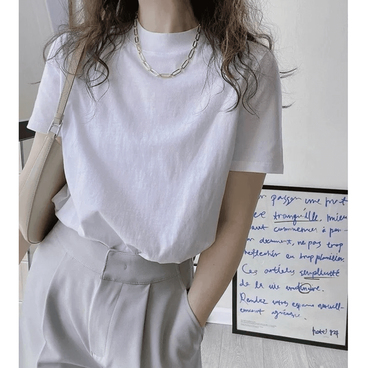 면 소재 화이트 반소매 긍정적 인 어깨 티셔츠 여성 여름 새로운 기초 섹션 작은 스탠드 칼라 반팔 맨위