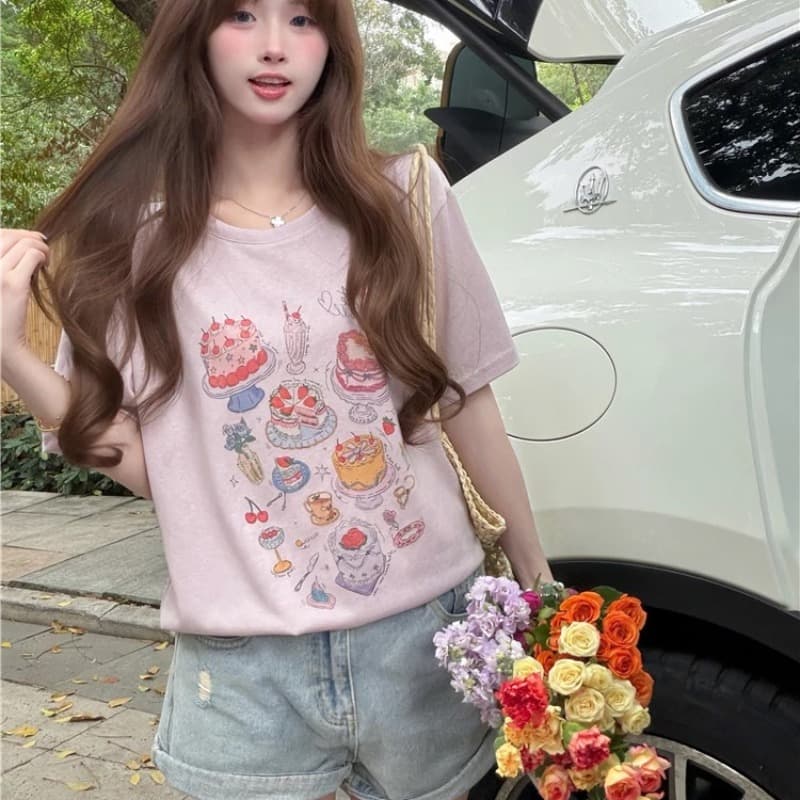 21 순면 210 그램 여름 드레스 한 부서 반팔 티셔츠 여성 한국 스타일 루즈핏 빅 사이즈 프린트 이미지 5