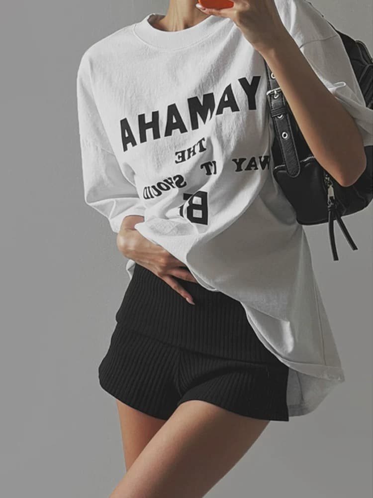 21 순면 210 그램 여름 드레스 한 부서 반팔 티셔츠 여성 한국 스타일 루즈핏 빅 사이즈 프린트 이미지 4