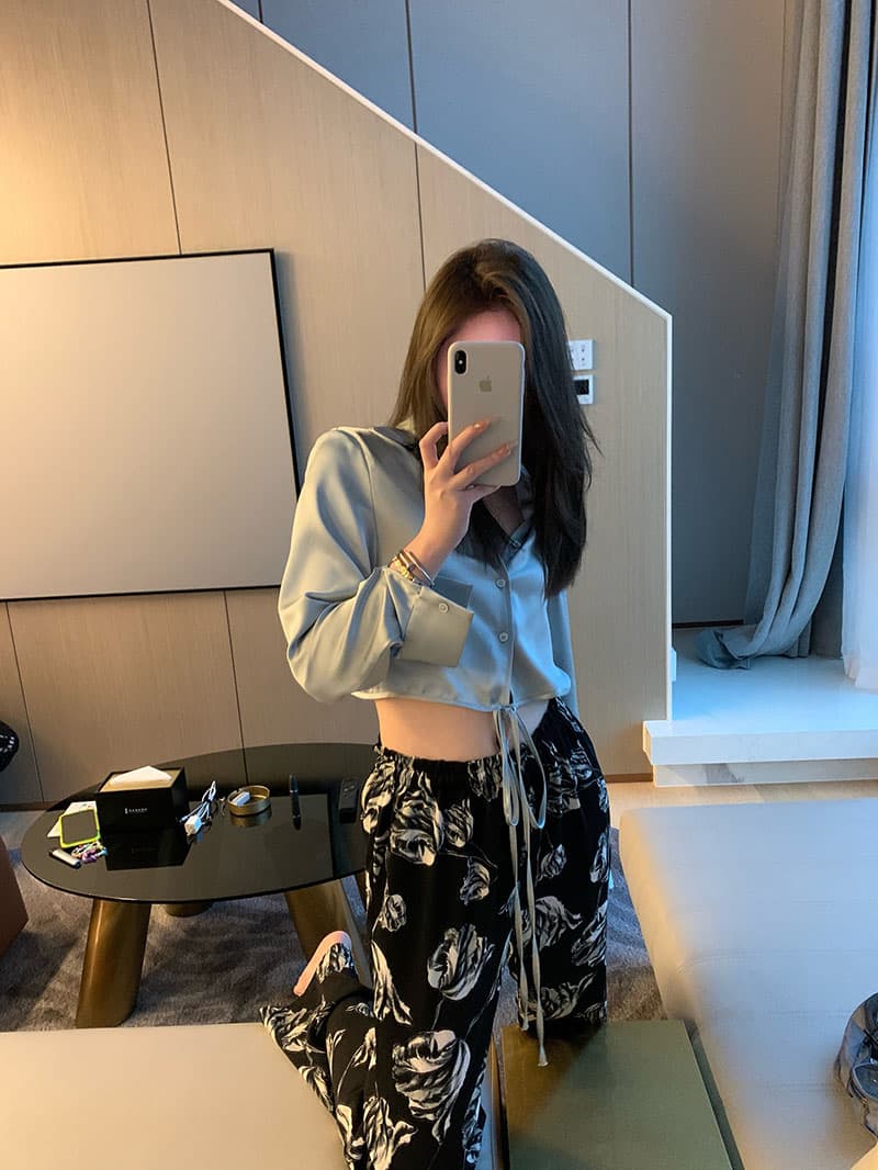 있음 주머니 장미 프린트 고급 센스 도루 센스 캐주얼 스트레이트 팬츠 여성 여름 루즈핏 슬림해 보이는 와이드 레그 팬츠 상세 이미지 11