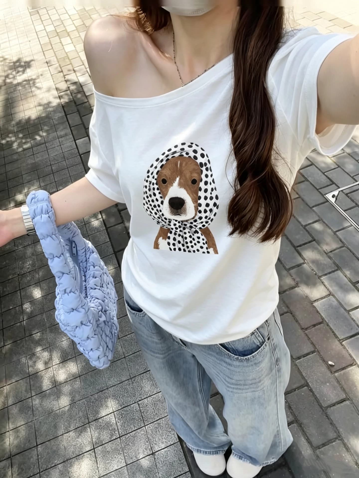 220 그램 92 면 8 암모니아 Lun 아메리칸 핫걸 비스듬한 어깨 알파벳 프린트 반팔 티셔츠 여성 이미지 4