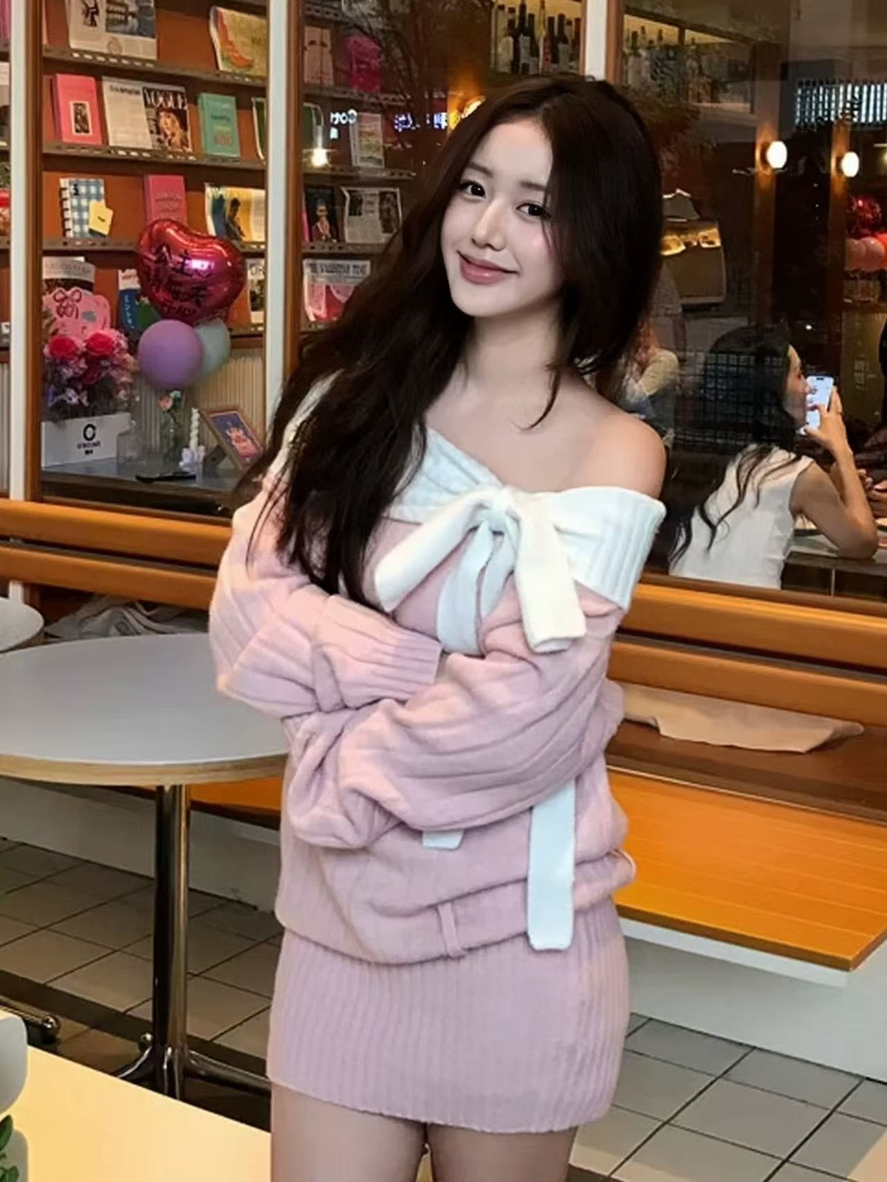 있음 도착 나비 매듭 니트 여성 드레스 가을 겨울 새로운 슬림해 보이는 한 부서 허리 수축 스웨터 드레스 타이트 스커트 미니 스커트 상세 이미지 4